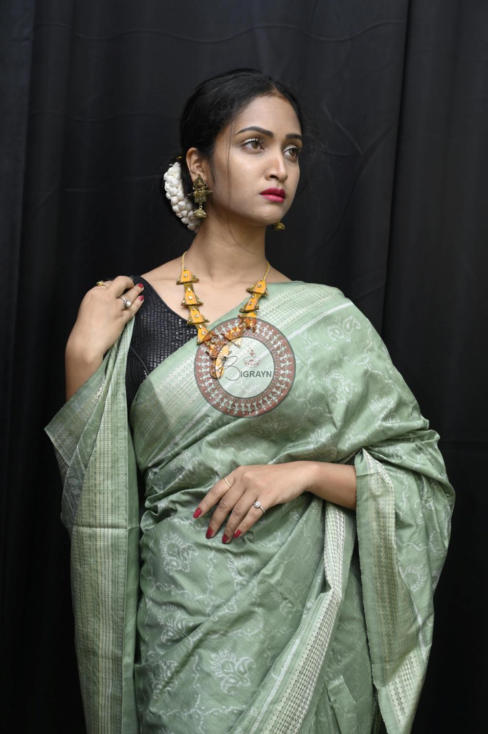Mint Leaves Flowers Natural Dye Sambalpuri Silk Saree