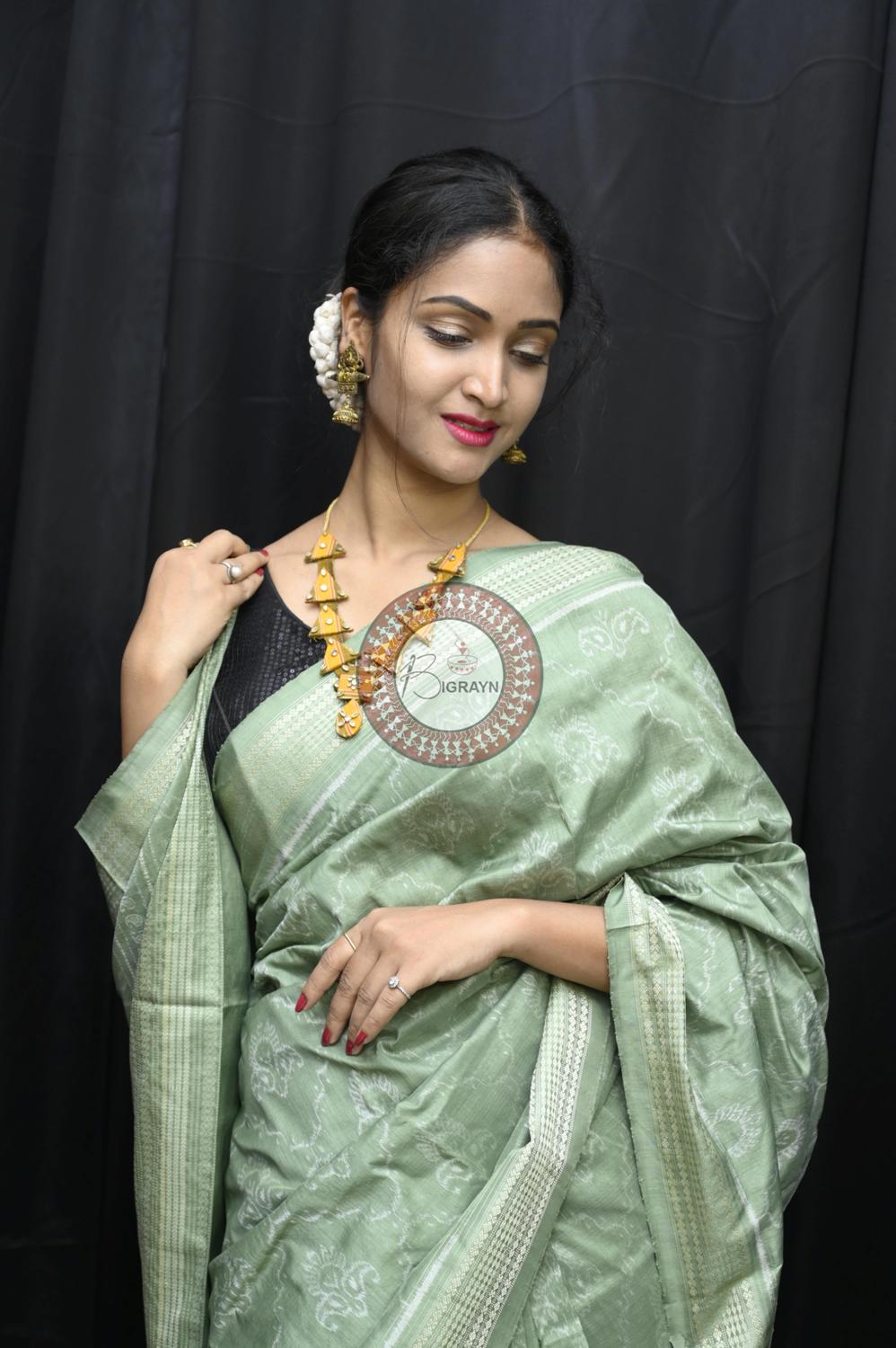Mint Leaves Flowers Natural Dye Sambalpuri Silk Saree