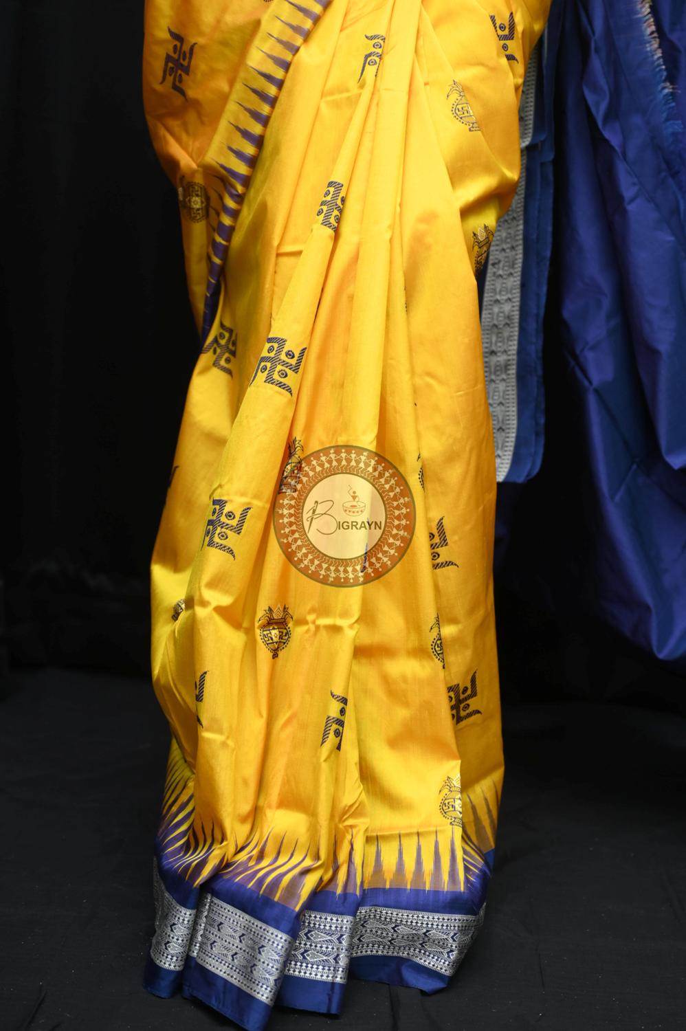 Yellow Blue Swastik Kalash Silk Saree