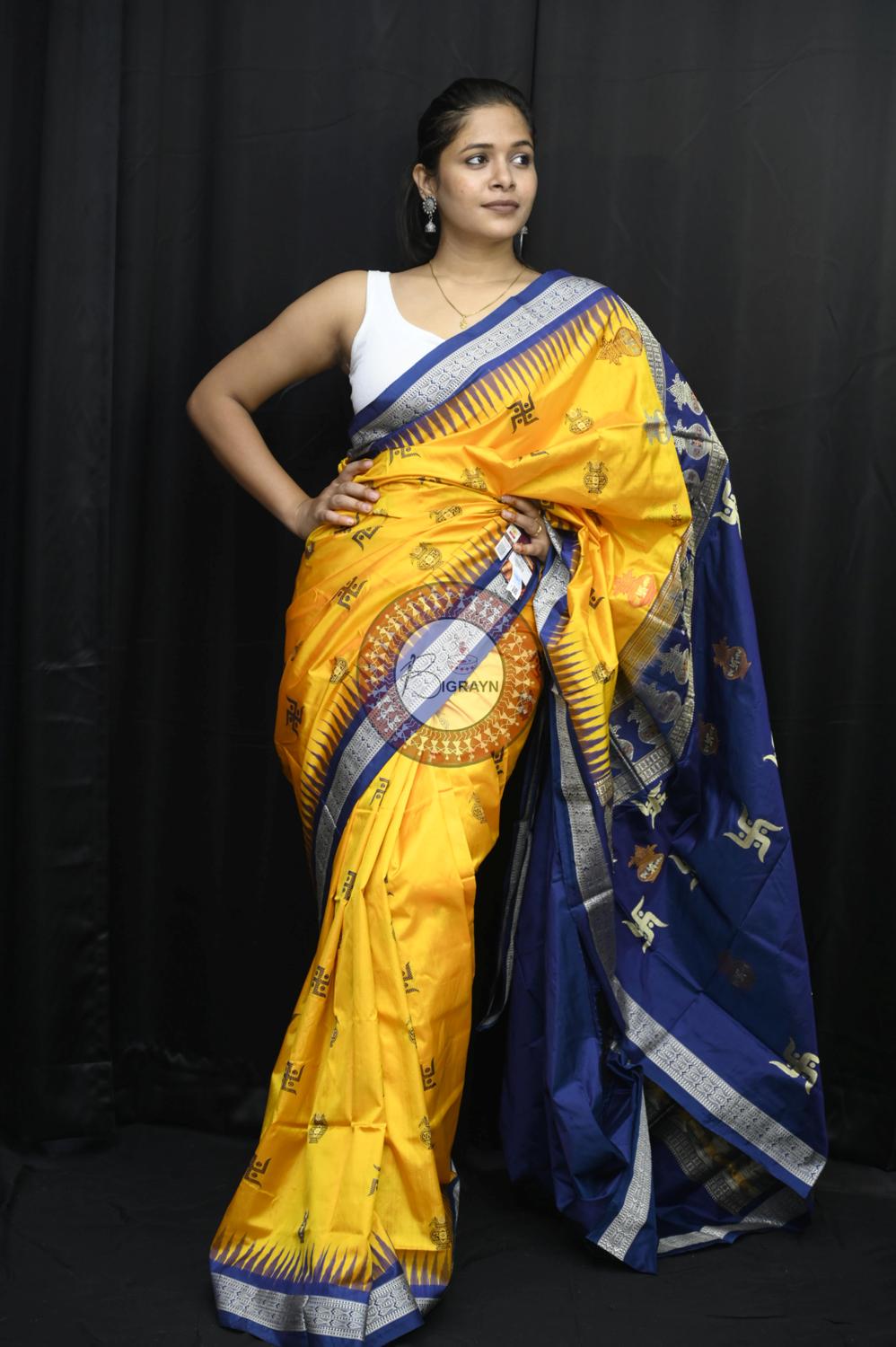 Yellow Blue Swastik Kalash Silk Saree