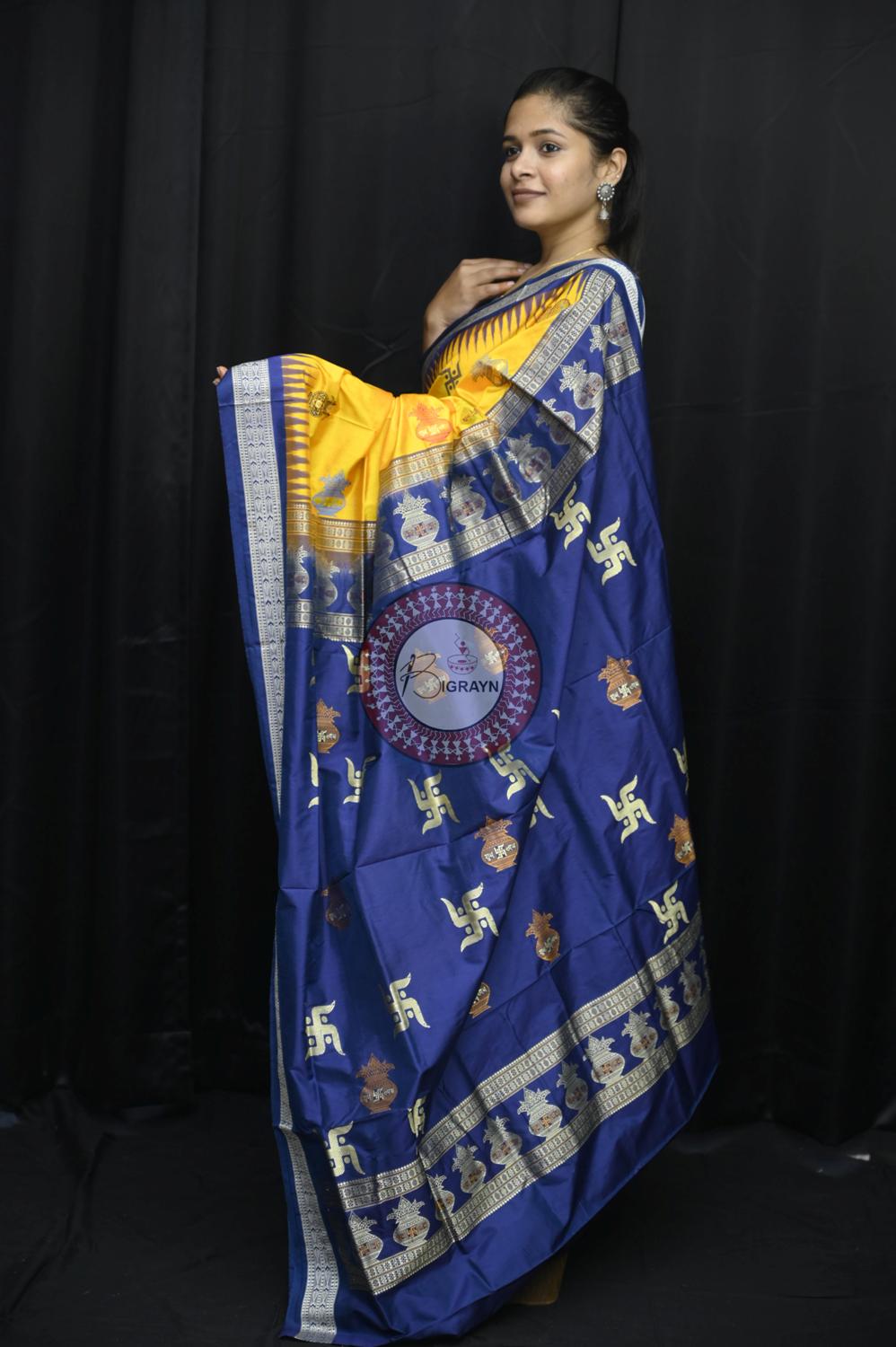 Yellow Blue Swastik Kalash Silk Saree