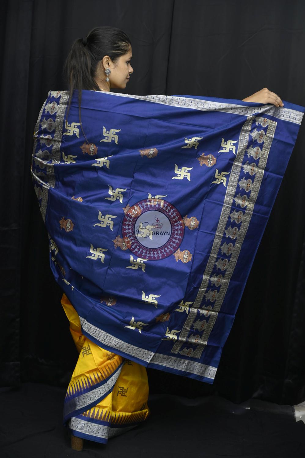 Yellow Blue Swastik Kalash Silk Saree