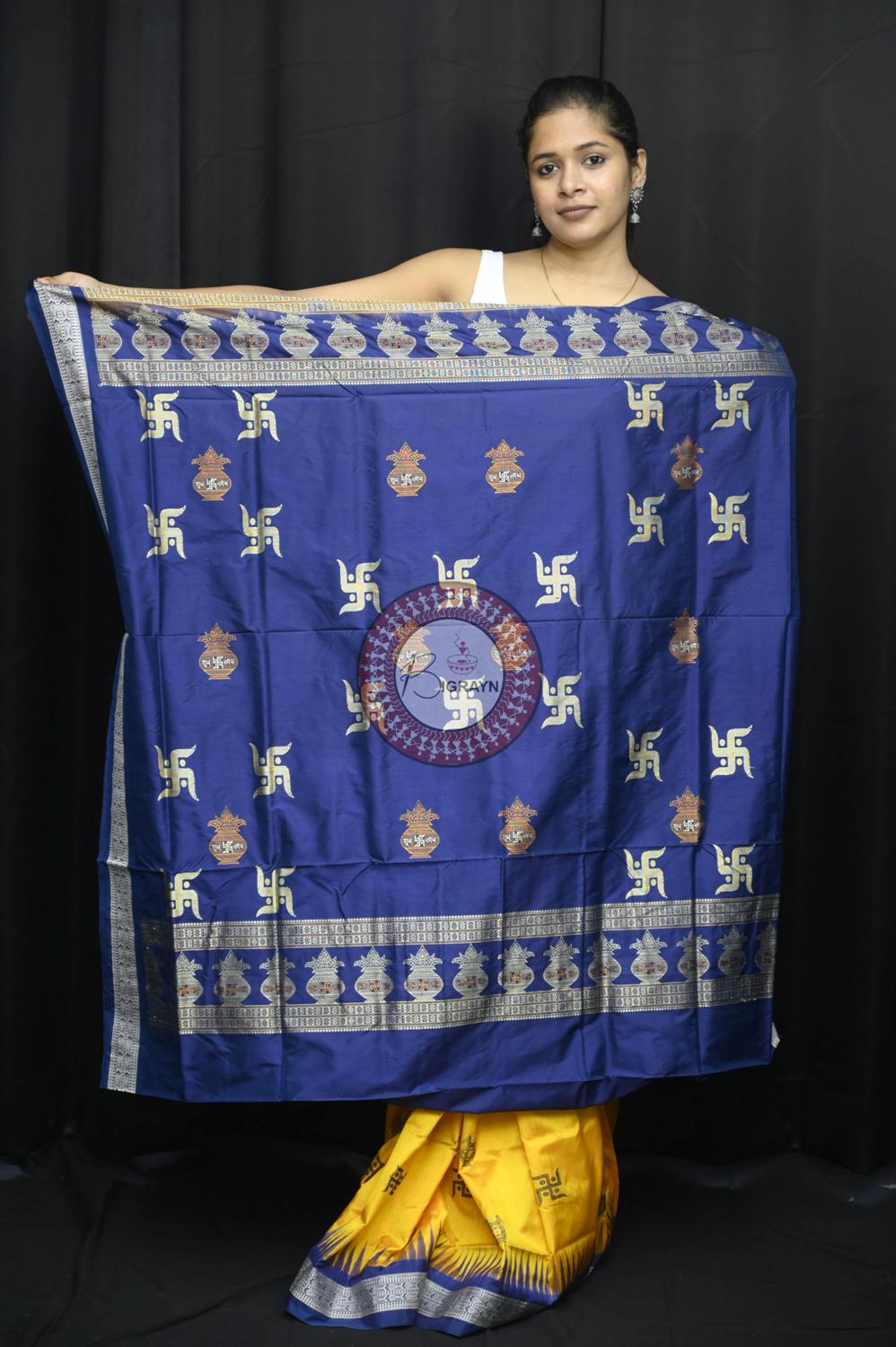 Yellow Blue Swastik Kalash Silk Saree