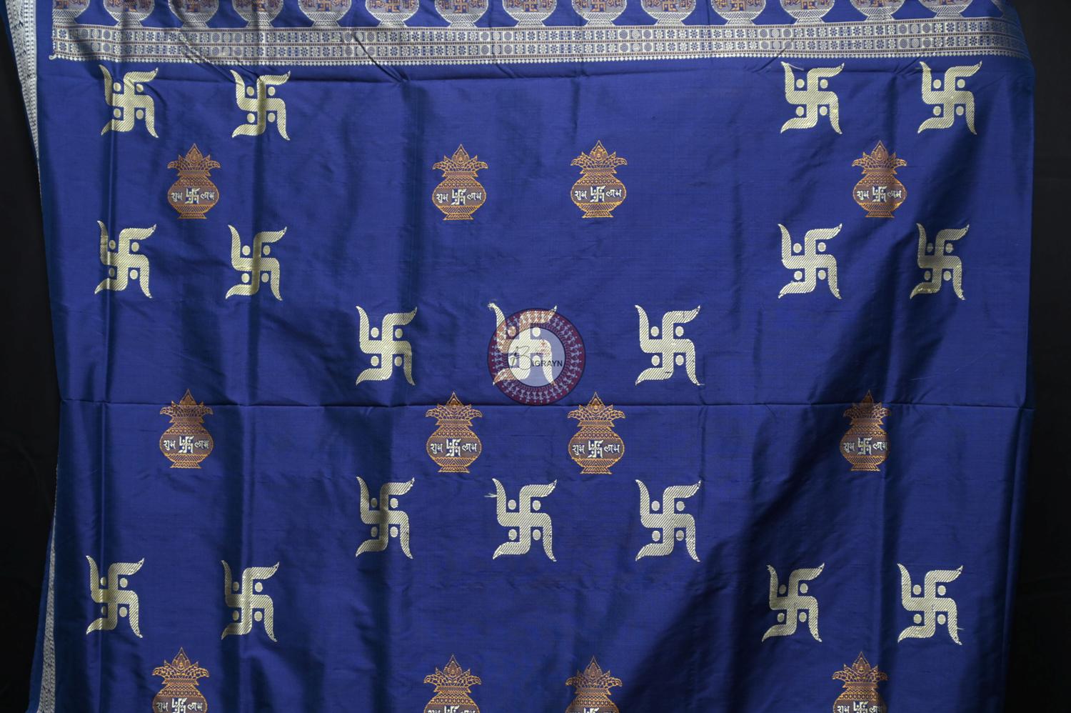 Yellow Blue Swastik Kalash Silk Saree