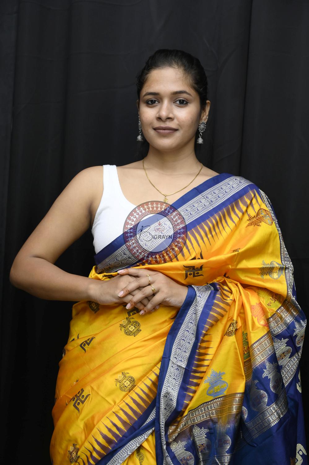 Yellow Blue Swastik Kalash Silk Saree