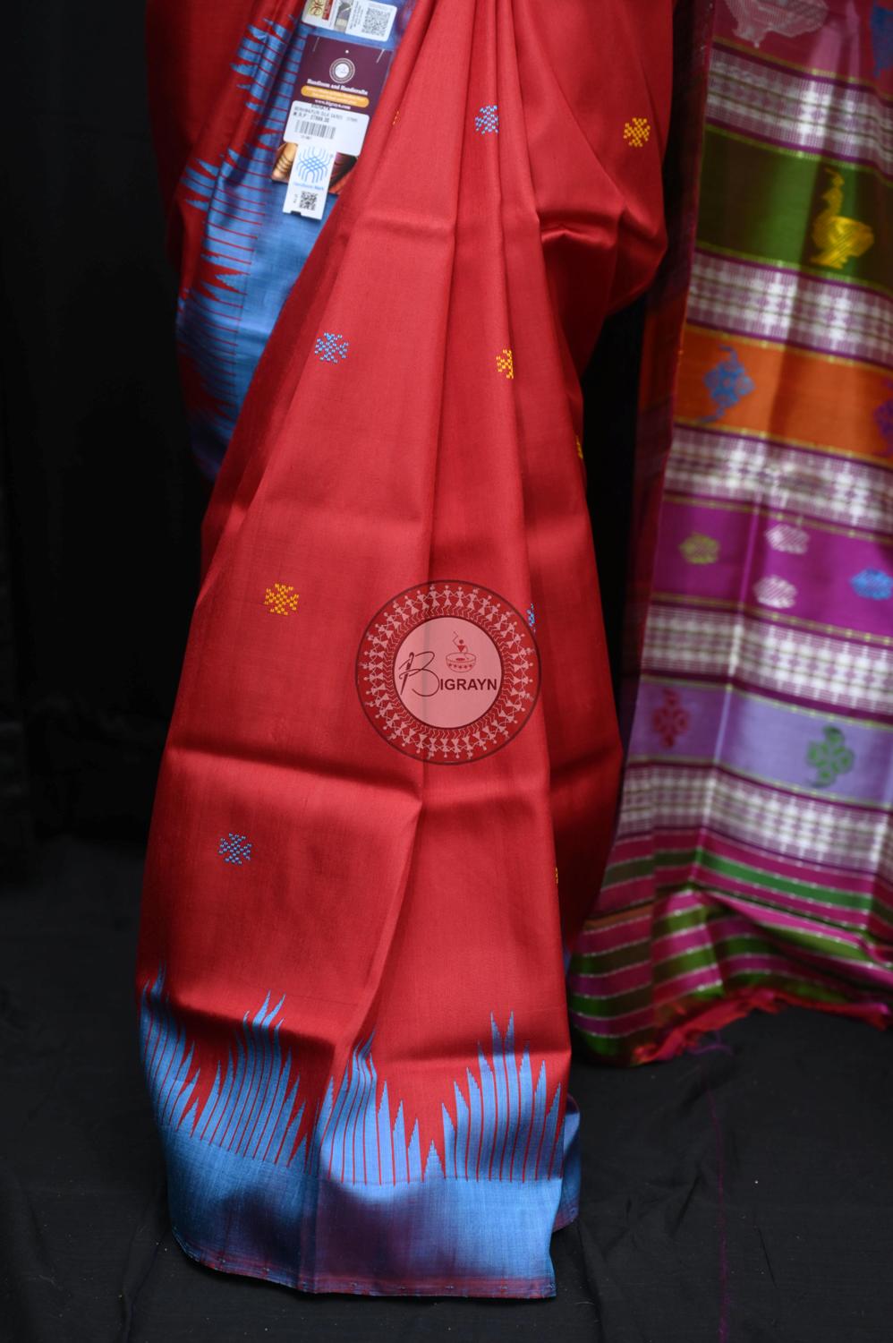 Red Ganga Jamuna Border Double Anchal Berhampuri Silk Saree