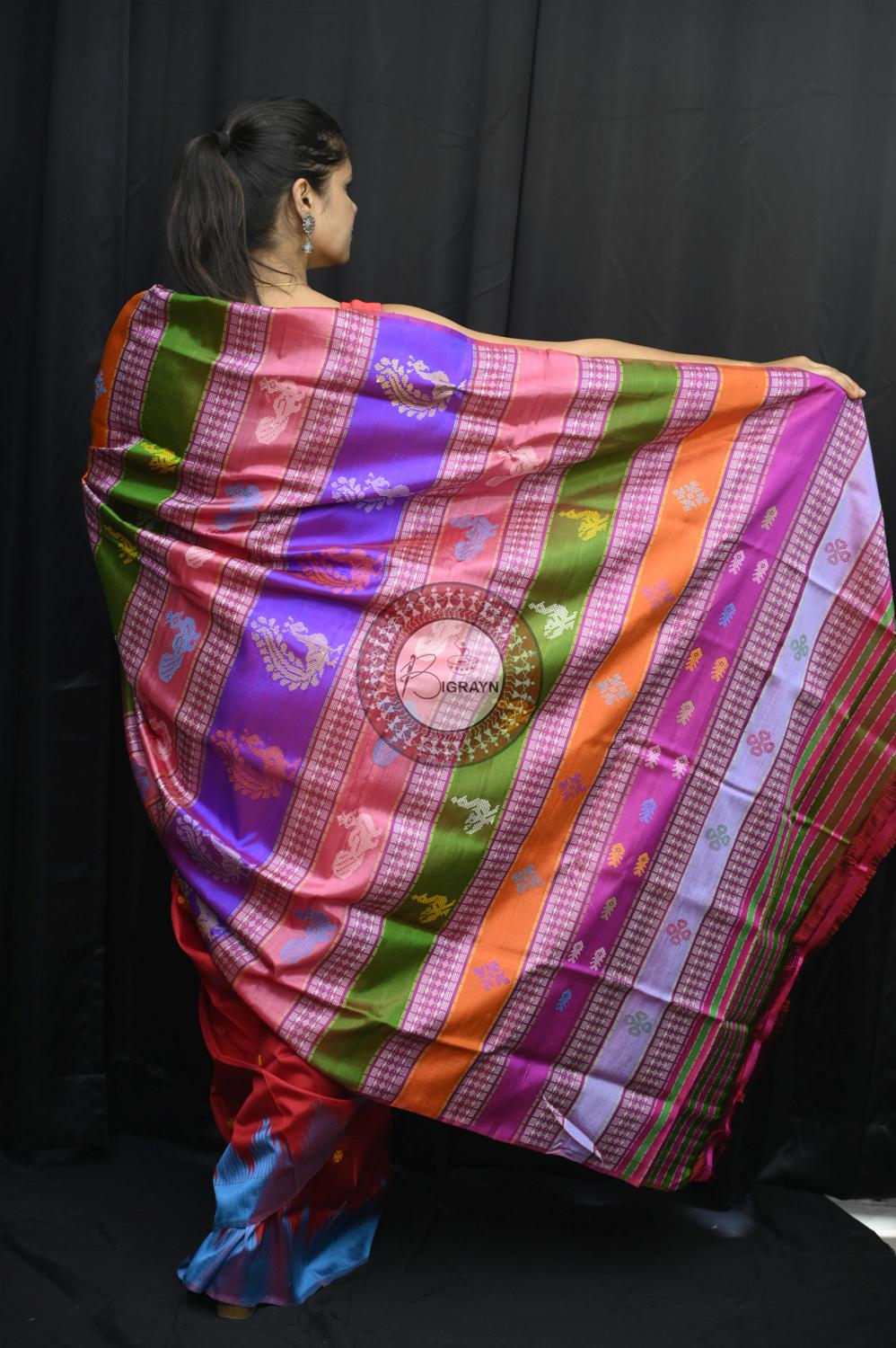 Red Ganga Jamuna Border Double Anchal Berhampuri Silk Saree