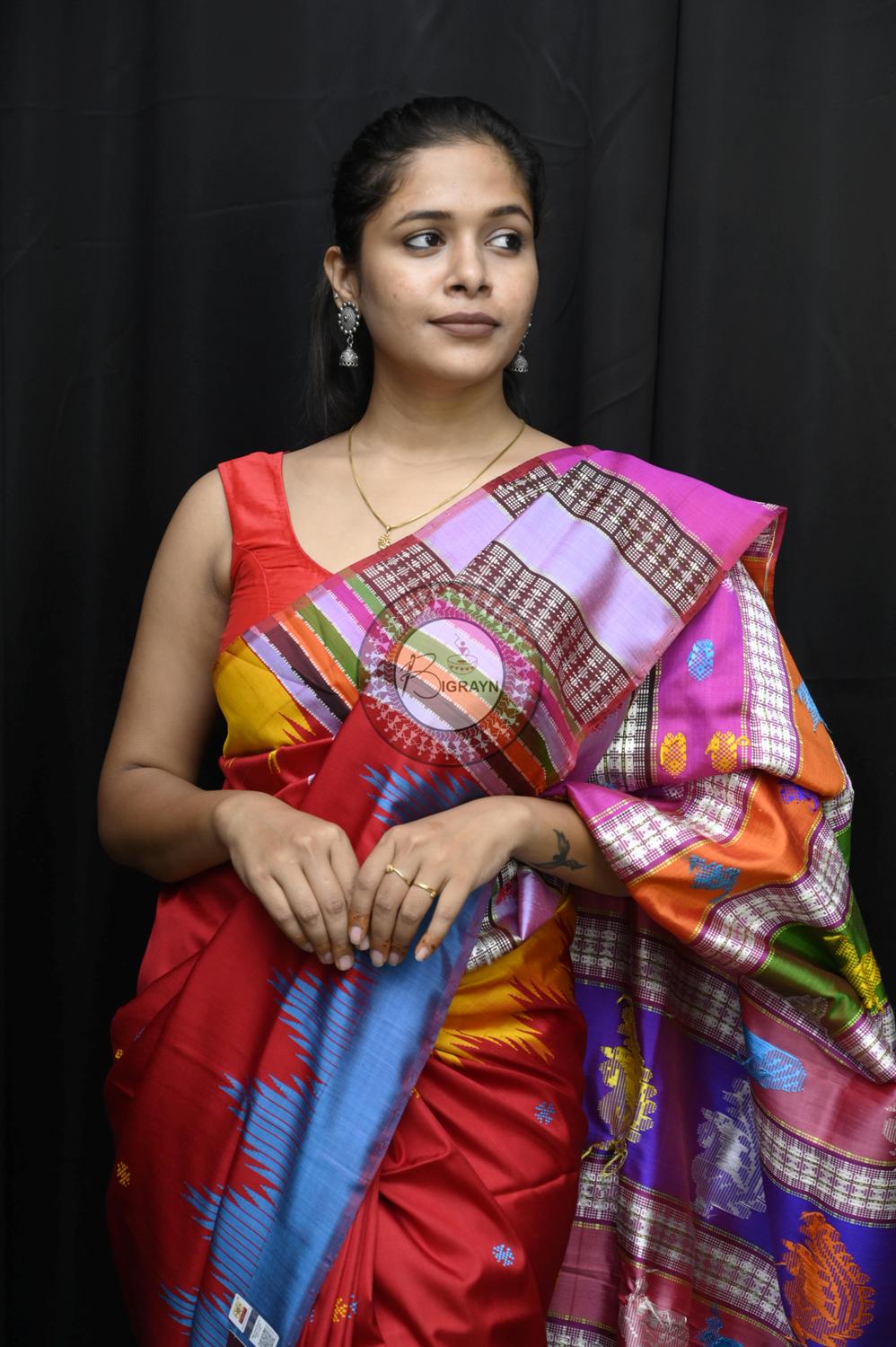 Red Ganga Jamuna Border Double Anchal Berhampuri Silk Saree