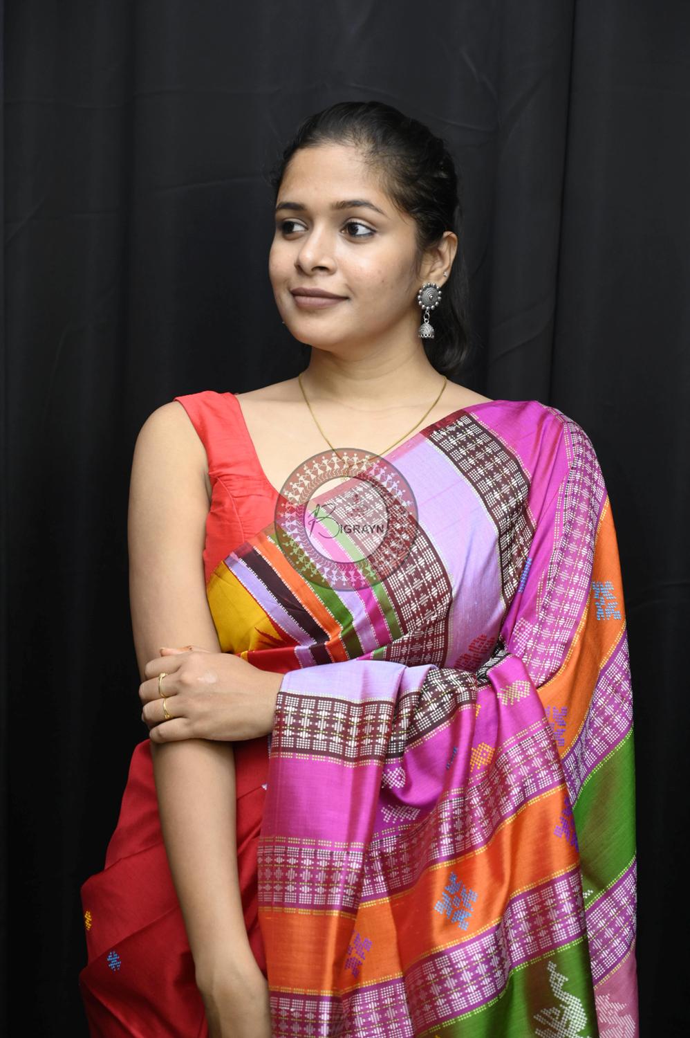 Red Ganga Jamuna Border Double Anchal Berhampuri Silk Saree