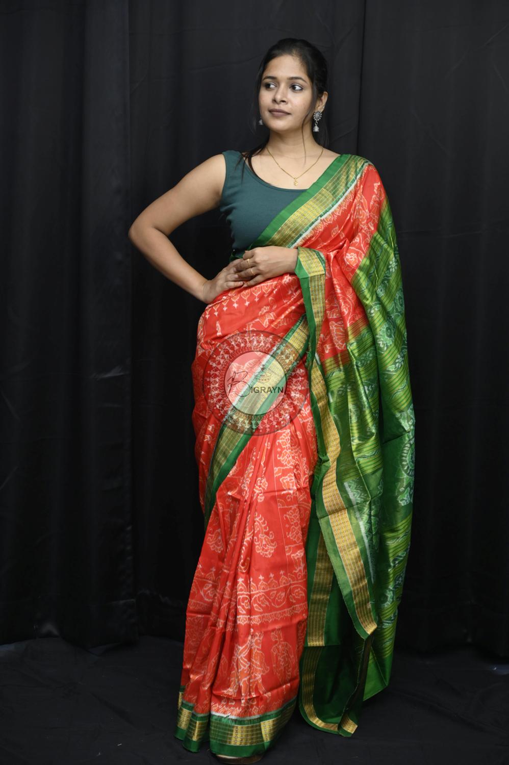 "Odisha Handloom Tissue Silk Saree with shimmering texture, elegant zari border, and lightweight drape, handcrafted by artisans"