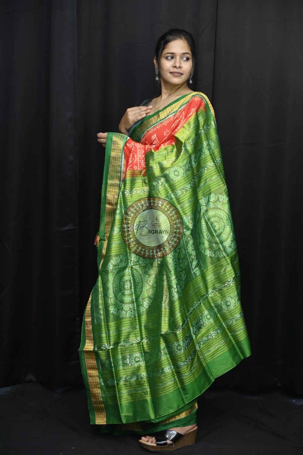 "Odisha Handloom Tissue Silk Saree with shimmering texture, elegant zari border, and lightweight drape, handcrafted by artisans"