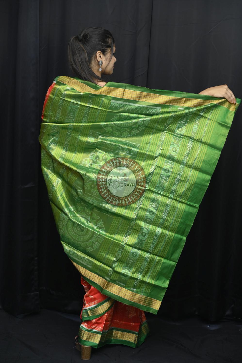 "Odisha Handloom Tissue Silk Saree with shimmering texture, elegant zari border, and lightweight drape, handcrafted by artisans"
