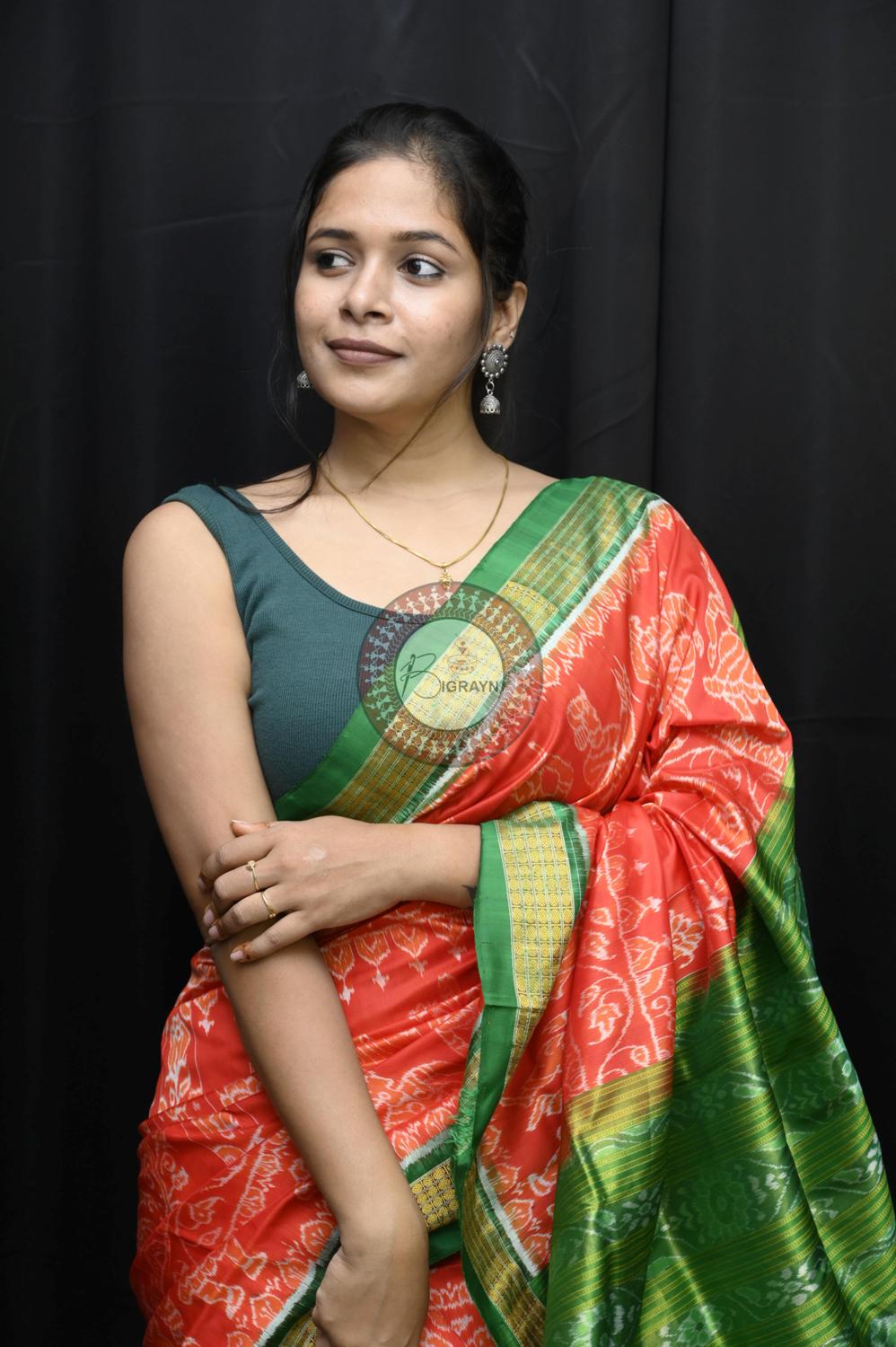 "Odisha Handloom Tissue Silk Saree with shimmering texture, elegant zari border, and lightweight drape, handcrafted by artisans"