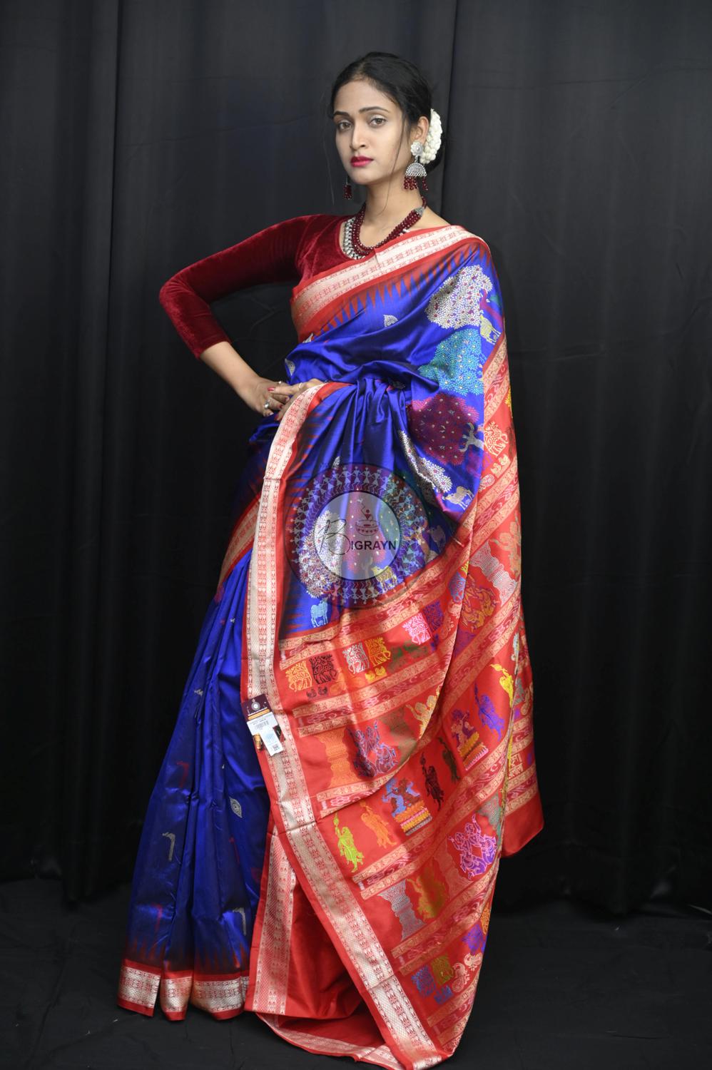 Blue Red Rasleela Exclusive Sambalpuri Silk Saree