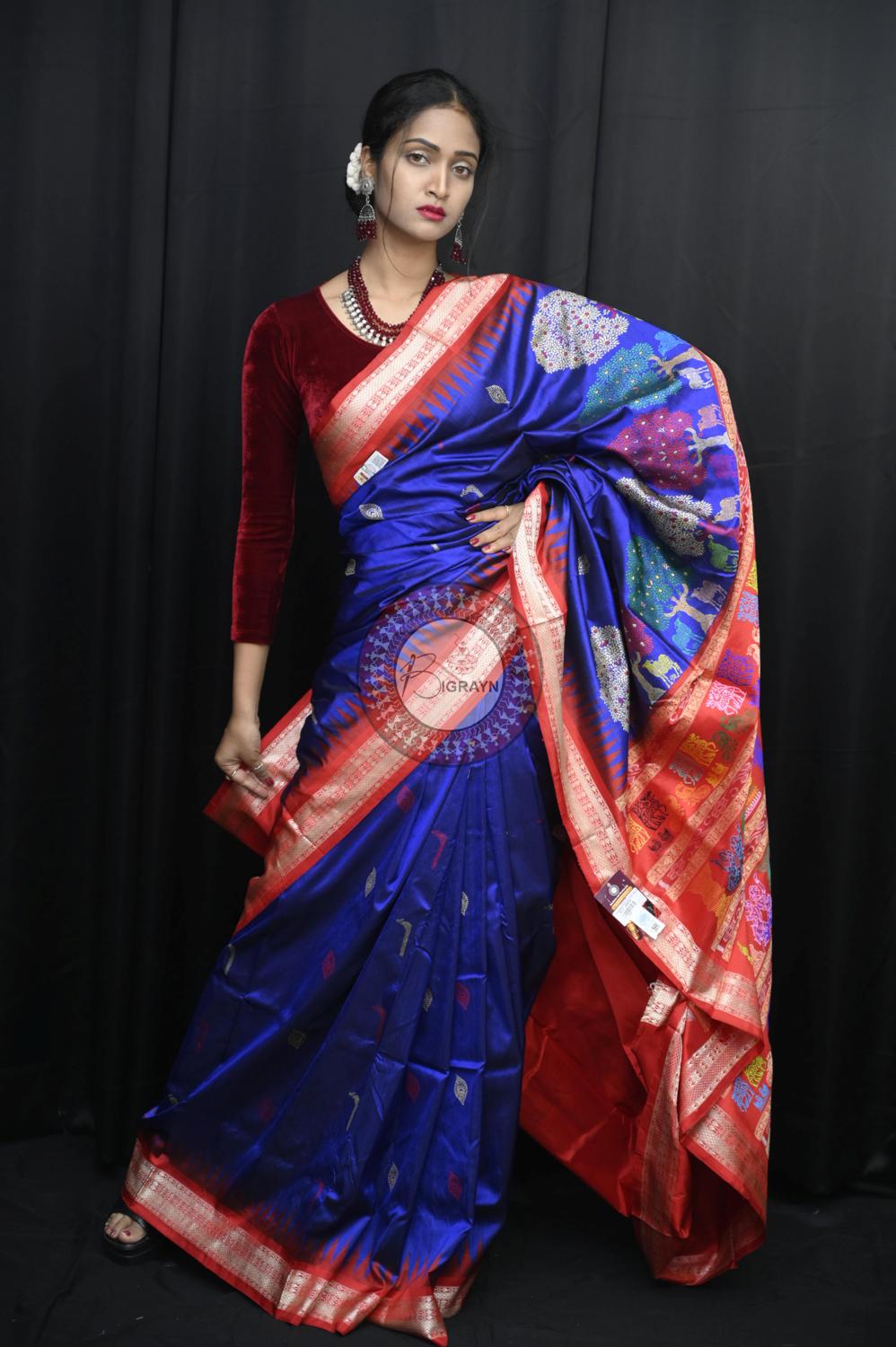 Blue Red Rasleela Exclusive Sambalpuri Silk Saree