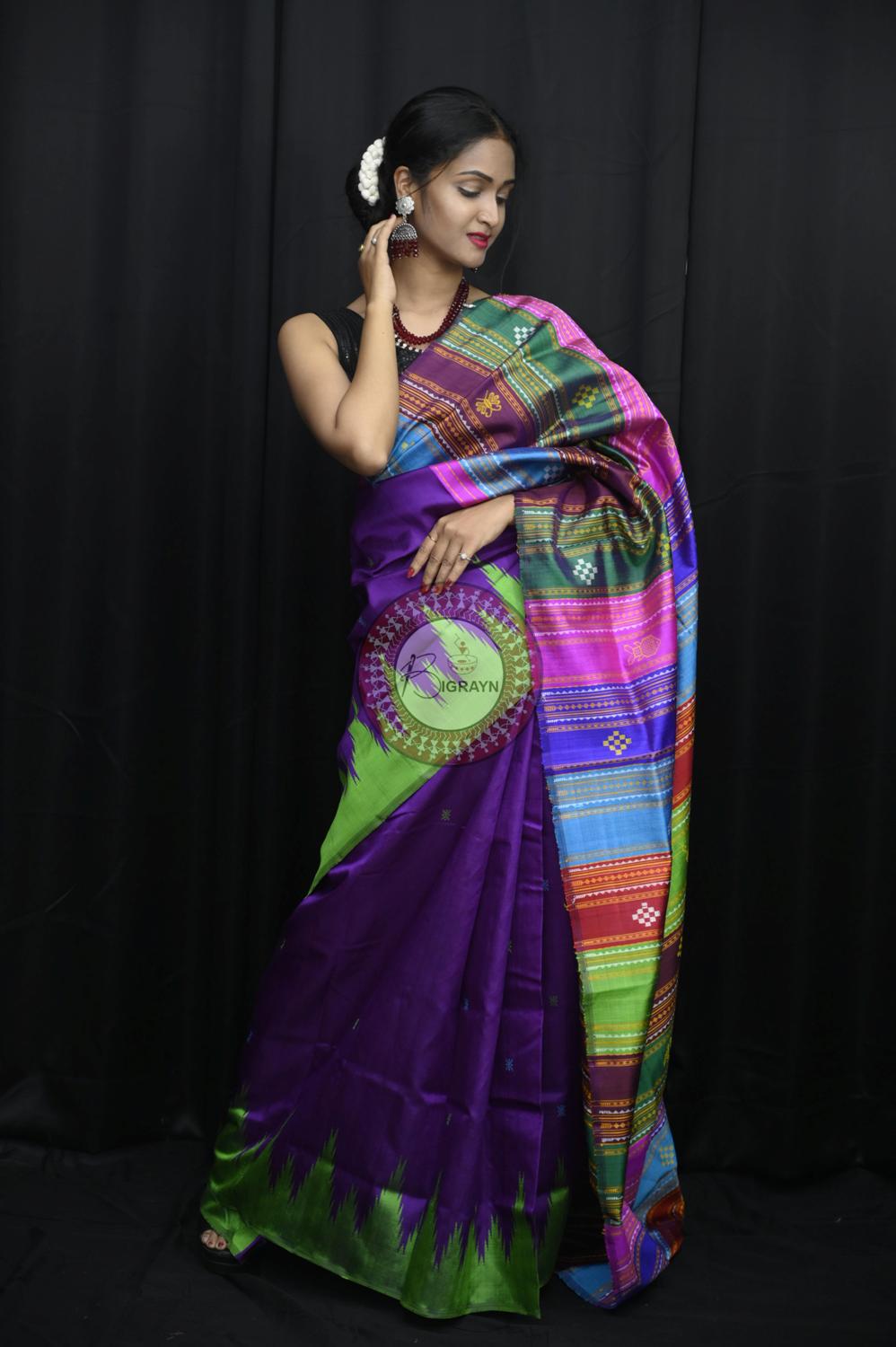 Purple Ganga Jamuna Border Birds Double Anchal Berhampuri Silk Saree