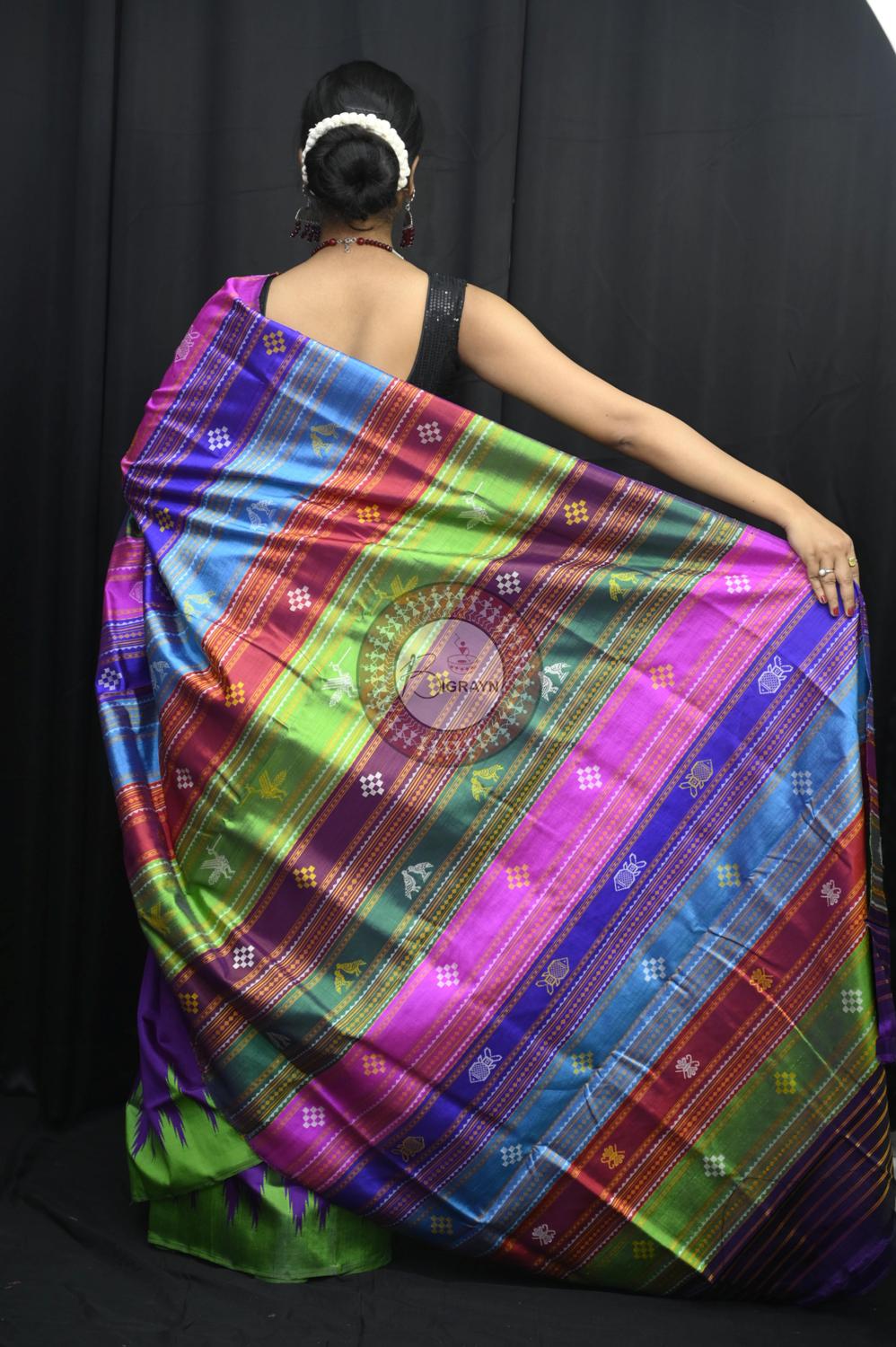 Purple Ganga Jamuna Border Birds Double Anchal Berhampuri Silk Saree