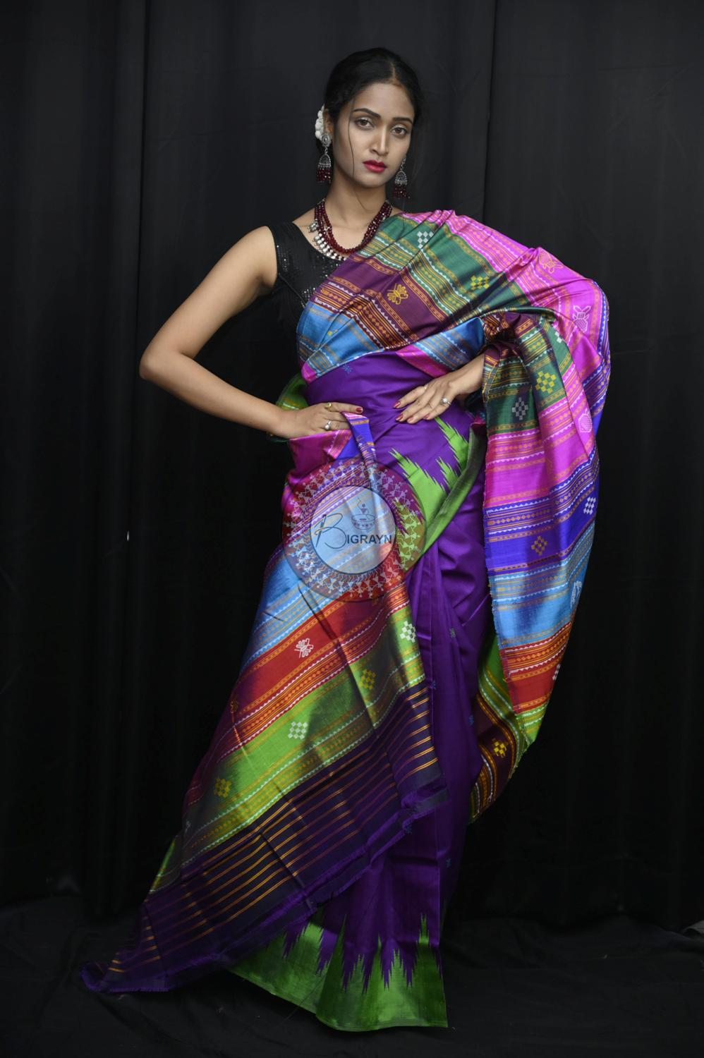 Purple Ganga Jamuna Border Birds Double Anchal Berhampuri Silk Saree