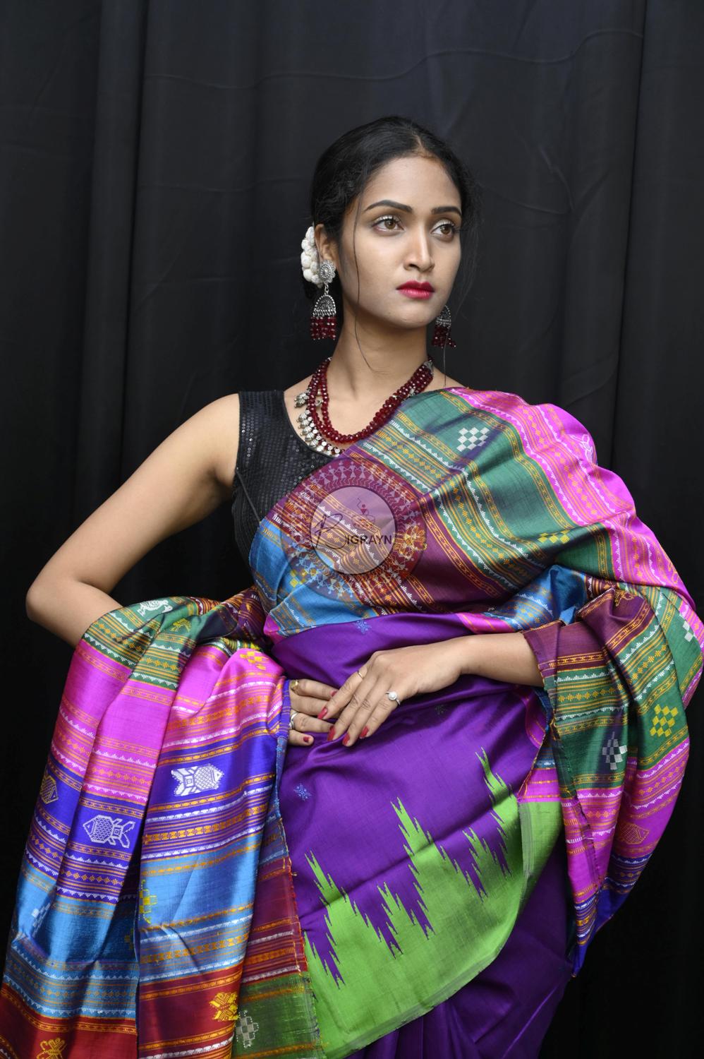 Purple Ganga Jamuna Border Birds Double Anchal Berhampuri Silk Saree