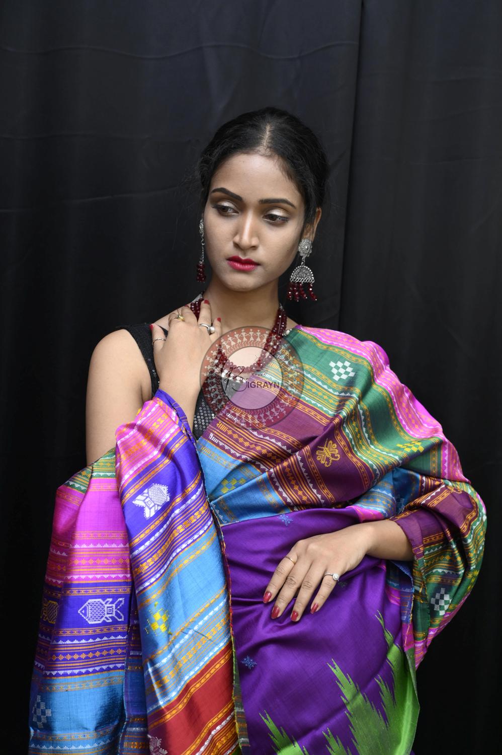 Purple Ganga Jamuna Border Birds Double Anchal Berhampuri Silk Saree