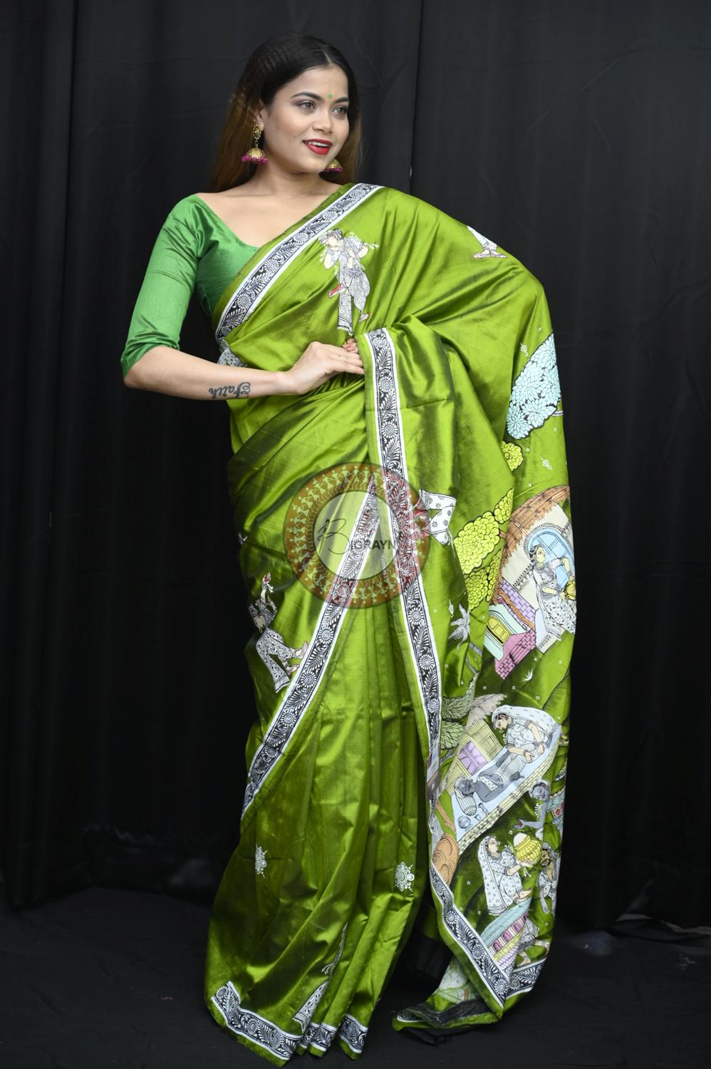 Mehndi Lakhe Hira Pattachitra Silk Saree