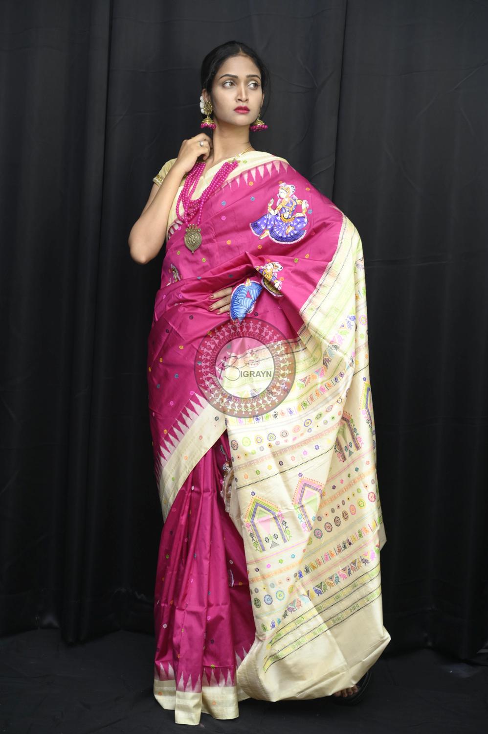 Magenta Body Dancers Dolabedi Pattachitra Silk Saree