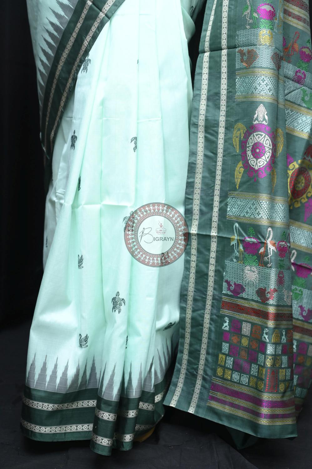 Aqua Green Chilika Theme Exclusive Sambalpuri Silk Saree