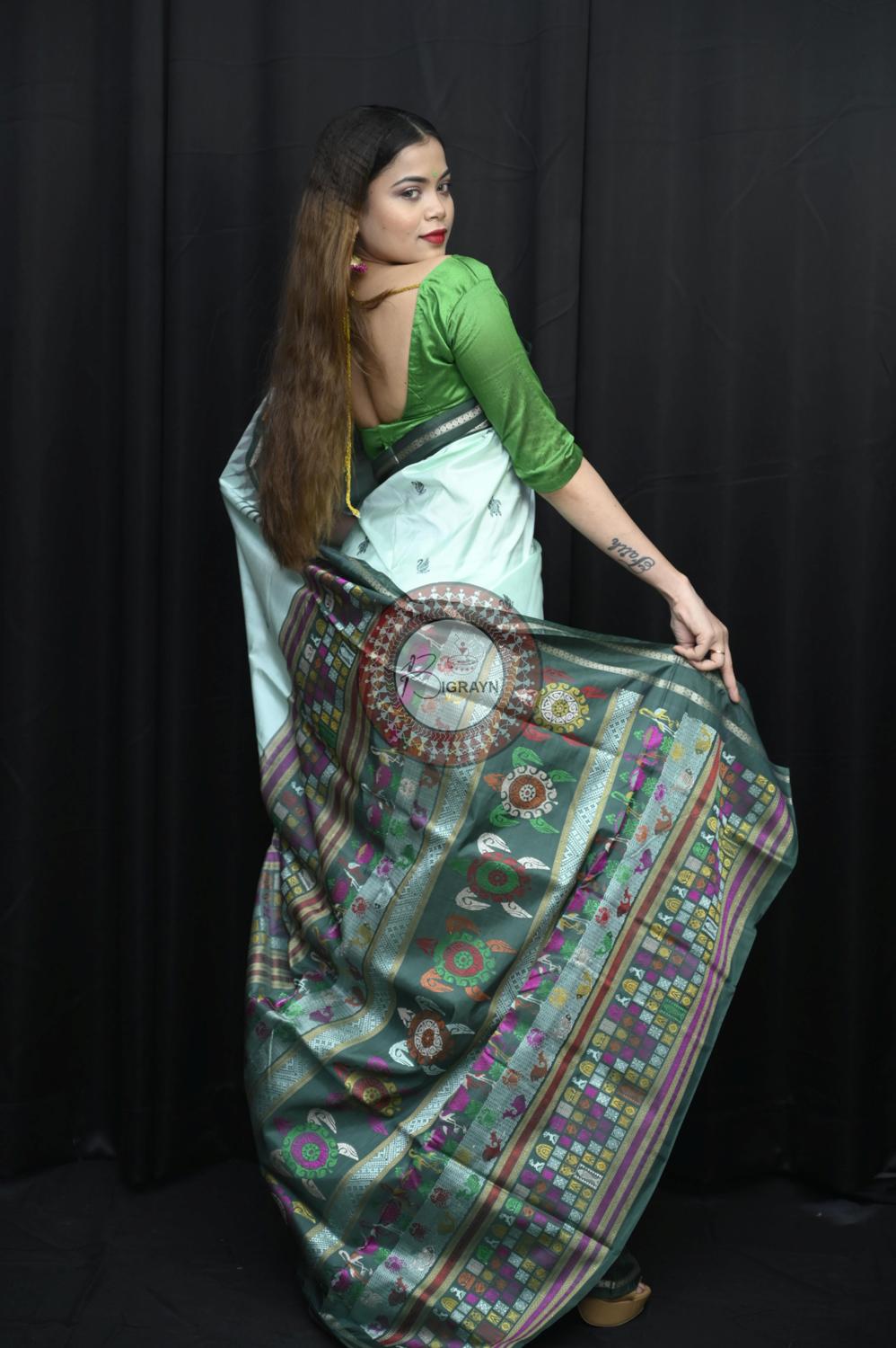 Aqua Green Chilika Theme Exclusive Sambalpuri Silk Saree