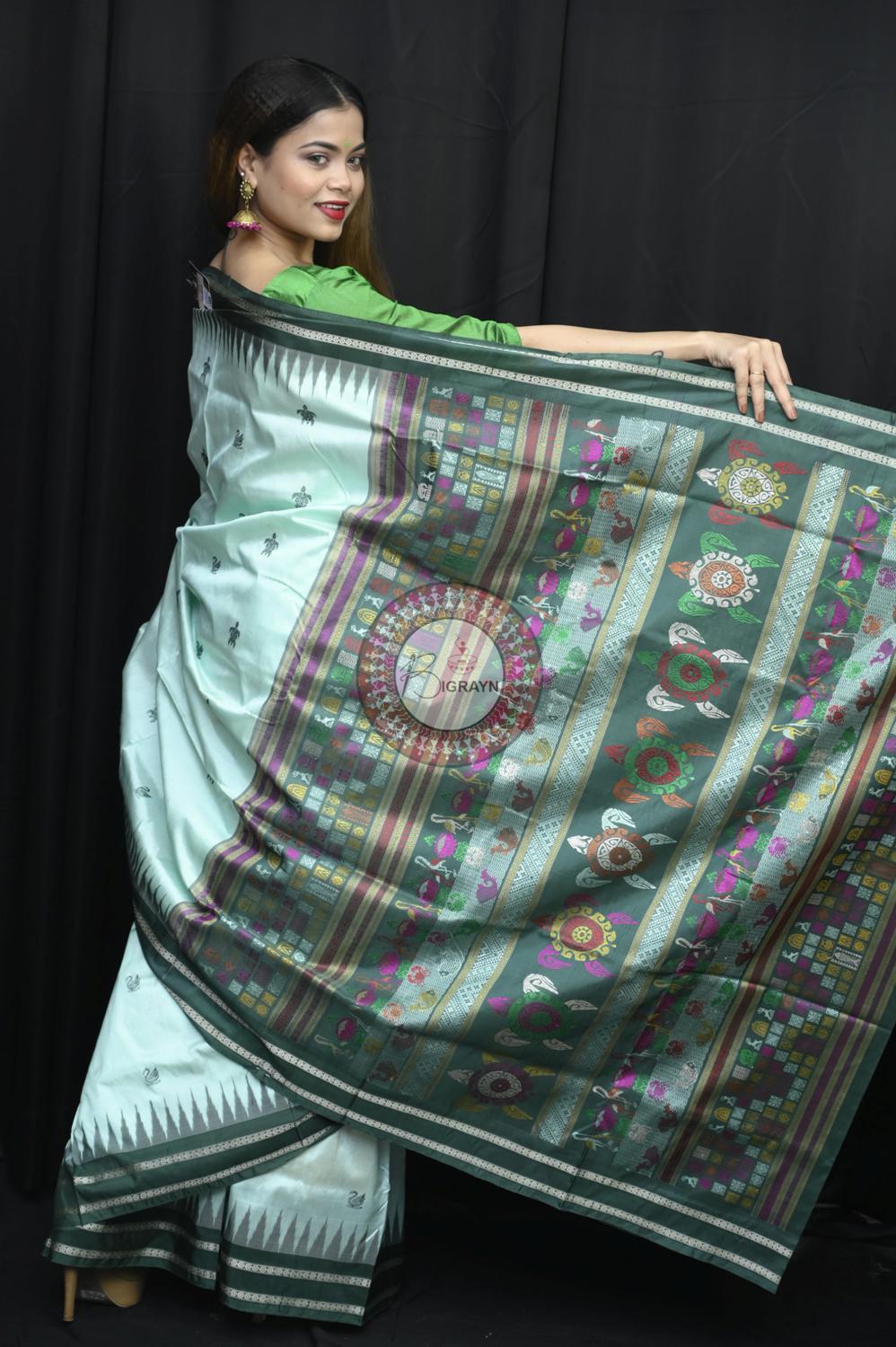 Aqua Green Chilika Theme Exclusive Sambalpuri Silk Saree