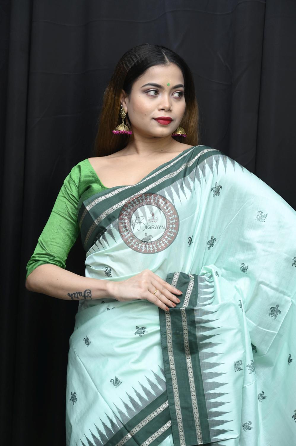 Aqua Green Chilika Theme Exclusive Sambalpuri Silk Saree