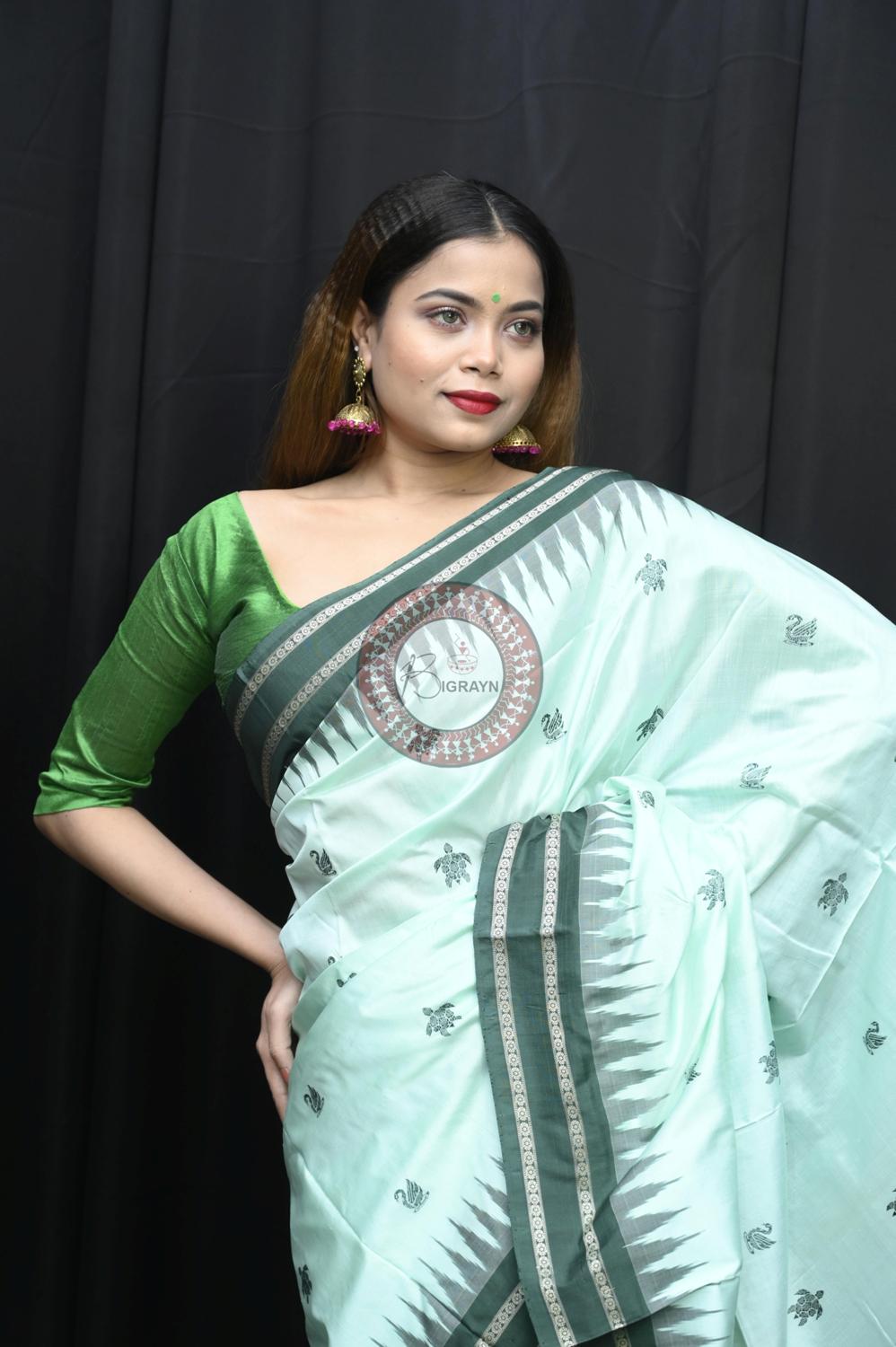 Aqua Green Chilika Theme Exclusive Sambalpuri Silk Saree