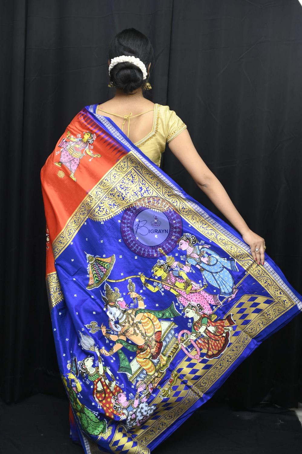 Orange Blue Ganesh Theme Pattachitra Silk Saree
