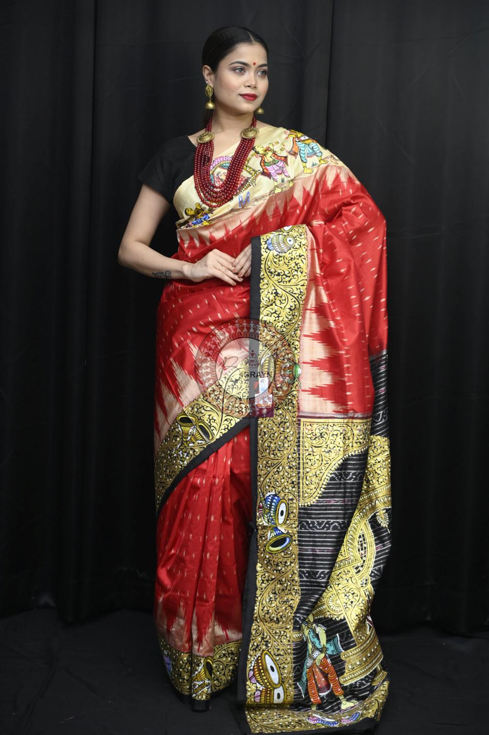 Red Ganga Jamuna Border Marriage Theme Pattachitra Silk Saree