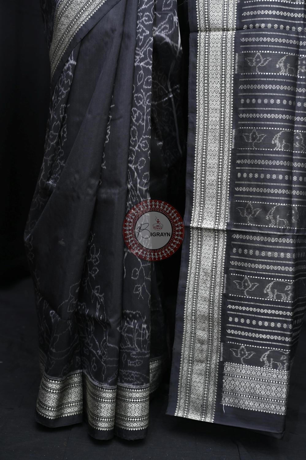 Black Long Trees Natural Dye Sambalpuri Silk Saree