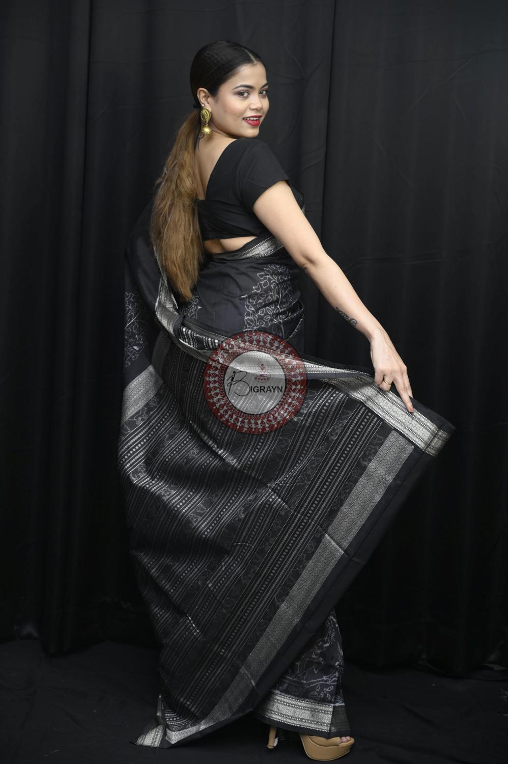 Black Long Trees Natural Dye Sambalpuri Silk Saree