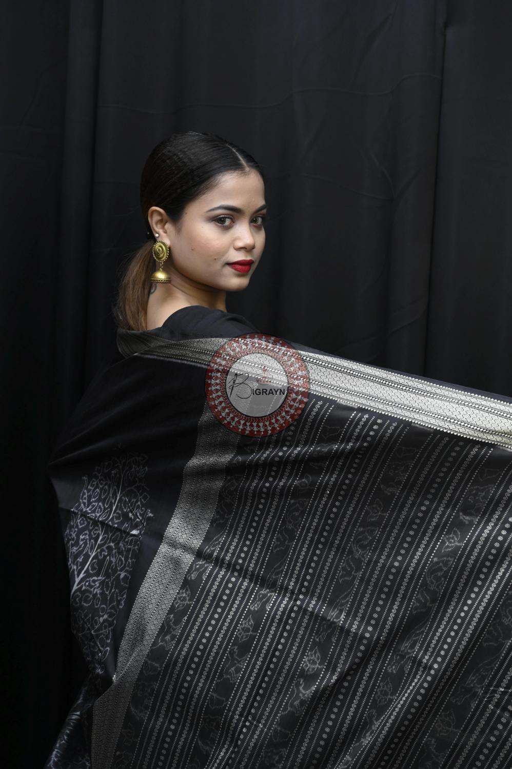 Black Long Trees Natural Dye Sambalpuri Silk Saree