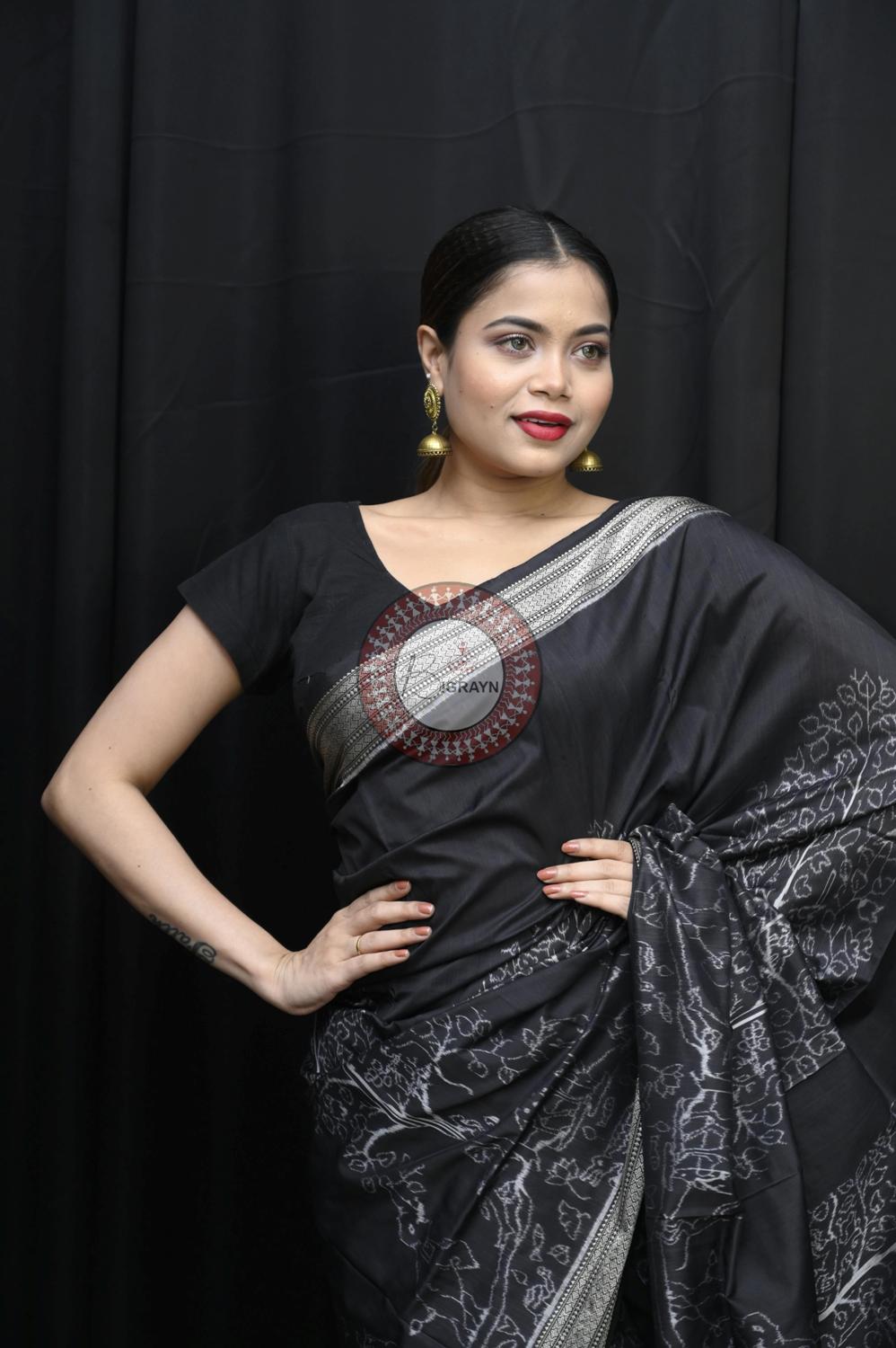 Black Long Trees Natural Dye Sambalpuri Silk Saree