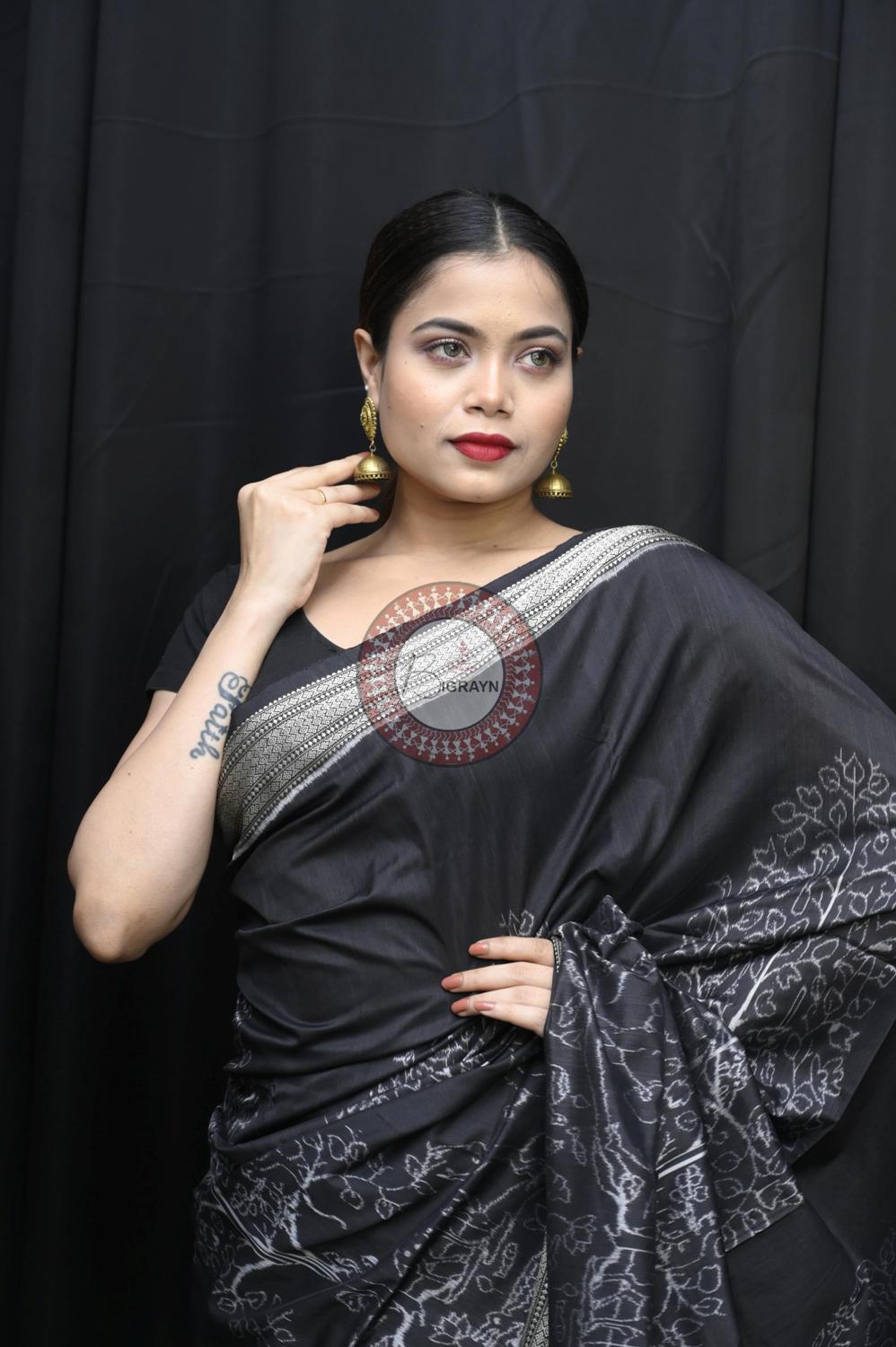 Black Long Trees Natural Dye Sambalpuri Silk Saree
