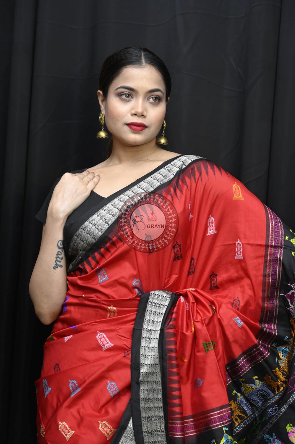 Red Black Sri Ram Exclusive Sambalpuri Silk Saree