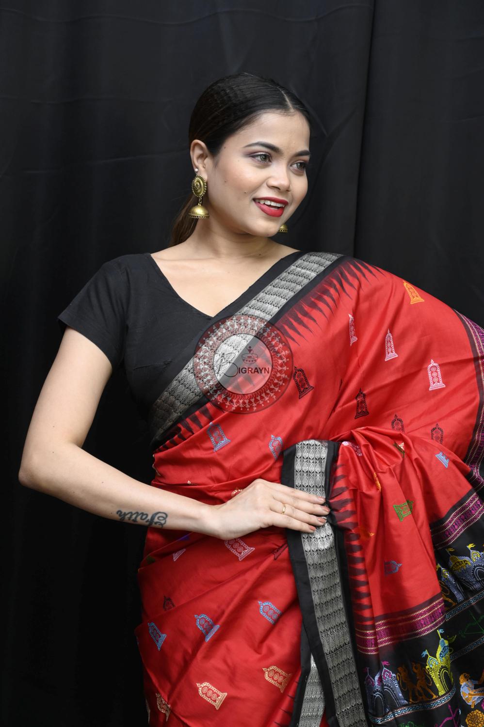 Red Black Sri Ram Exclusive Sambalpuri Silk Saree