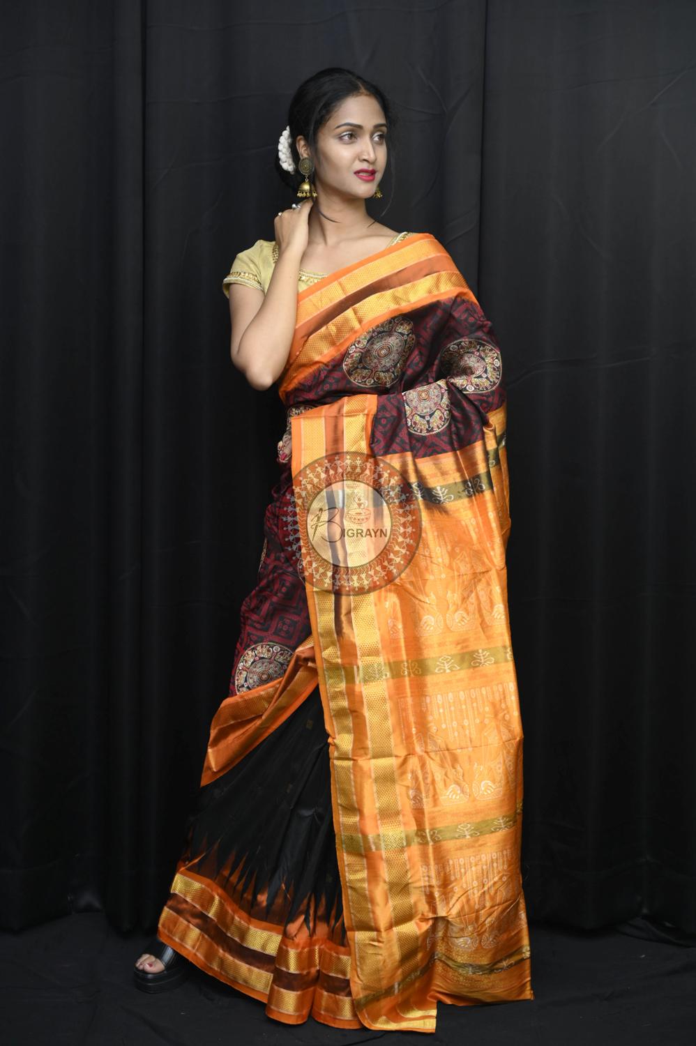 "Odisha Handloom Tissue Silk Saree with shimmering texture, elegant zari border, and lightweight drape, handcrafted by artisans"