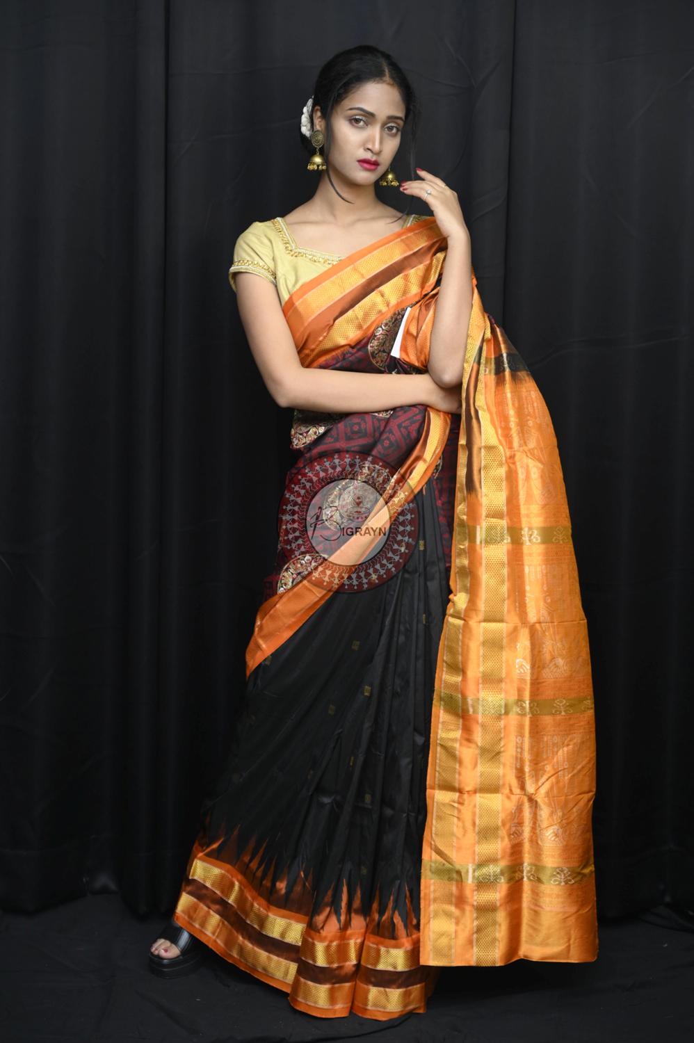 "Odisha Handloom Tissue Silk Saree with shimmering texture, elegant zari border, and lightweight drape, handcrafted by artisans"