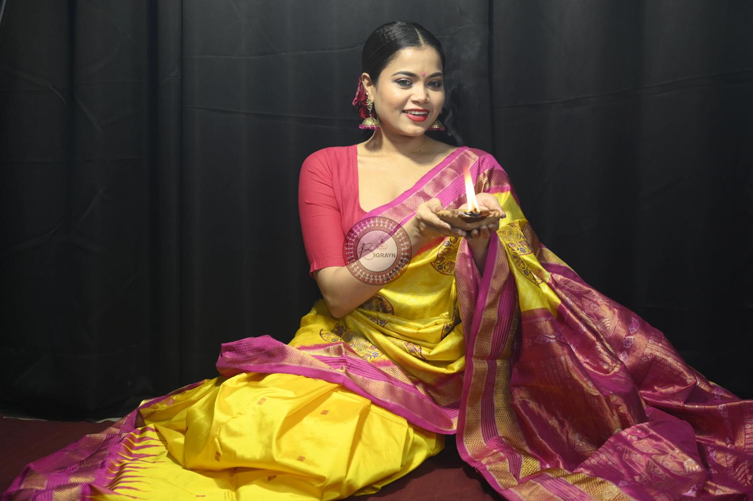 "Odisha Handloom Tissue Silk Saree with shimmering texture, elegant zari border, and lightweight drape, handcrafted by artisans"