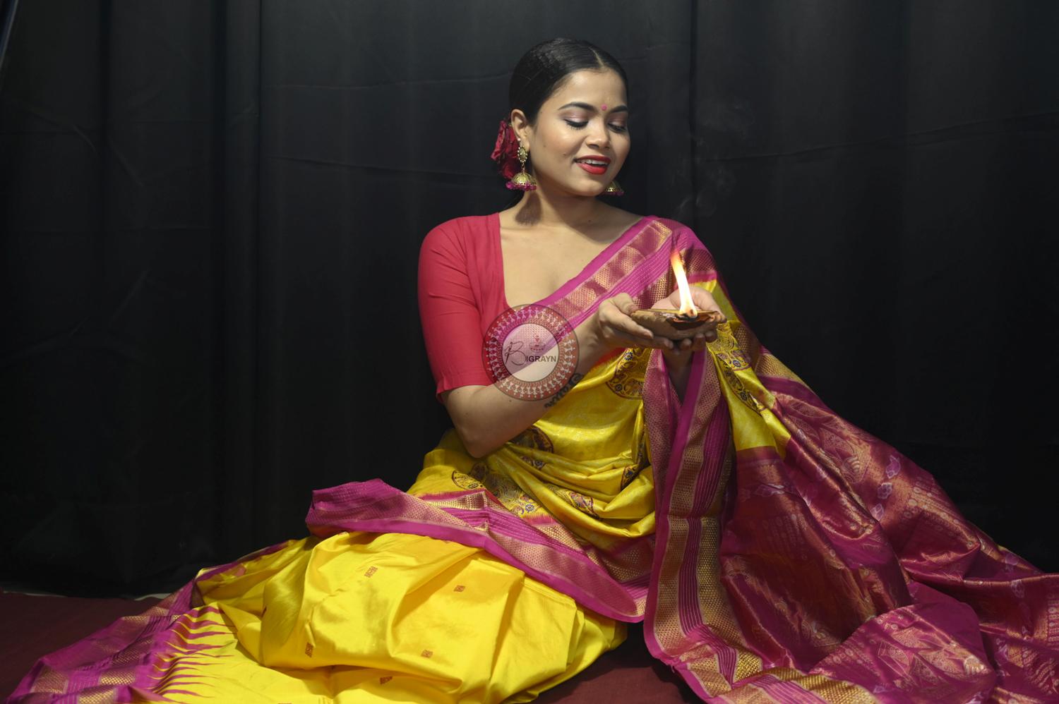 "Odisha Handloom Tissue Silk Saree with shimmering texture, elegant zari border, and lightweight drape, handcrafted by artisans"