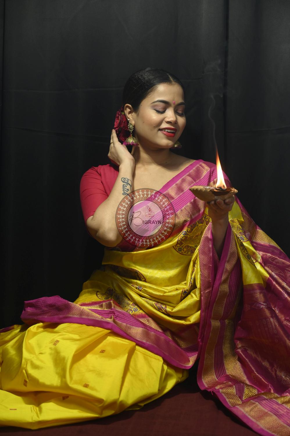 "Odisha Handloom Tissue Silk Saree with shimmering texture, elegant zari border, and lightweight drape, handcrafted by artisans"