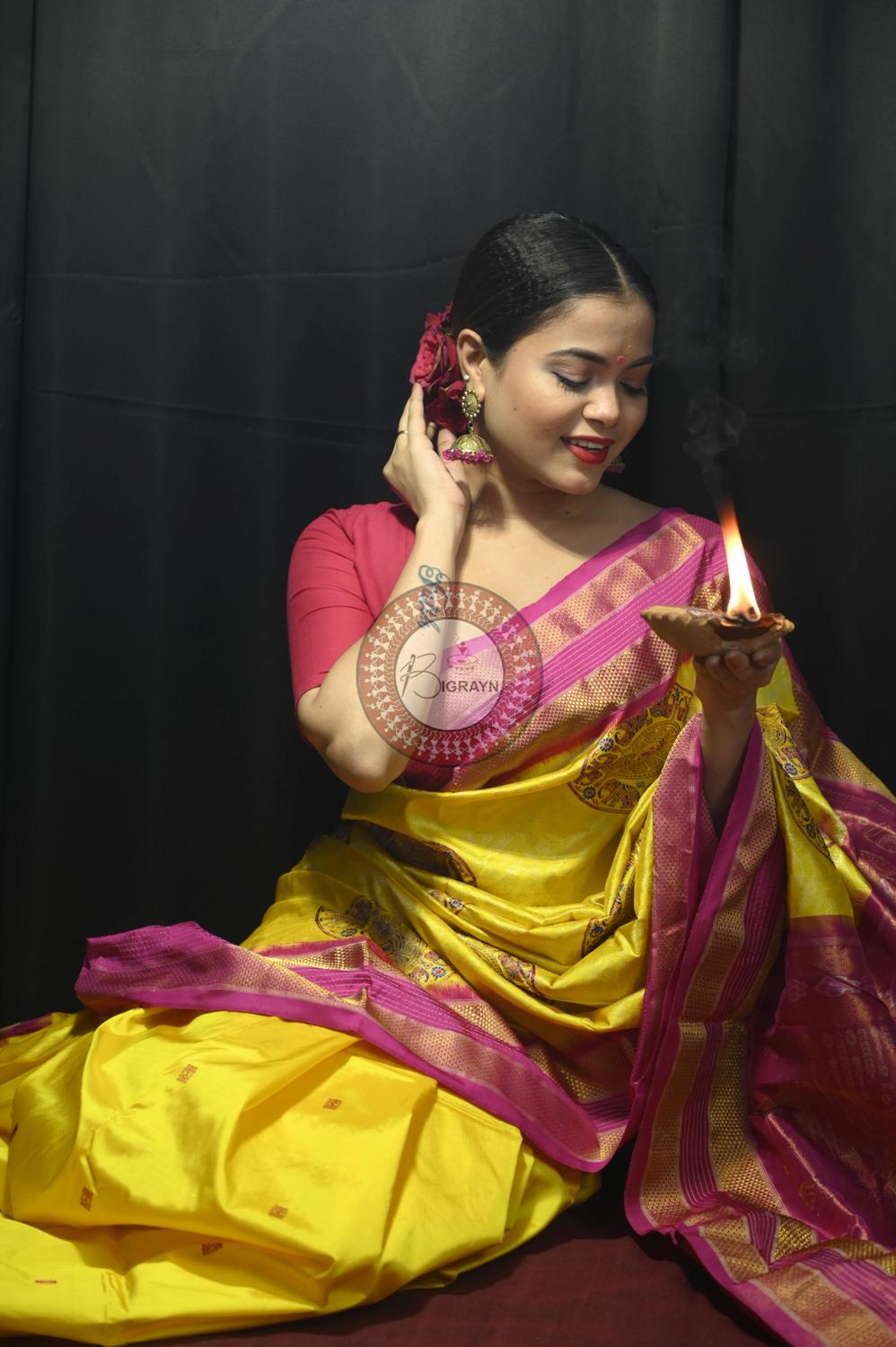 "Odisha Handloom Tissue Silk Saree with shimmering texture, elegant zari border, and lightweight drape, handcrafted by artisans"