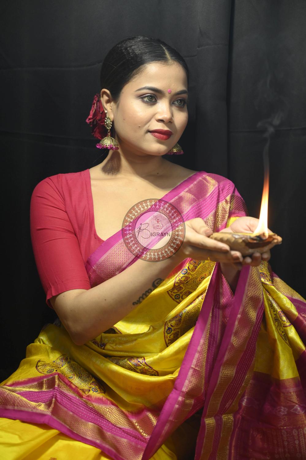 "Odisha Handloom Tissue Silk Saree with shimmering texture, elegant zari border, and lightweight drape, handcrafted by artisans"