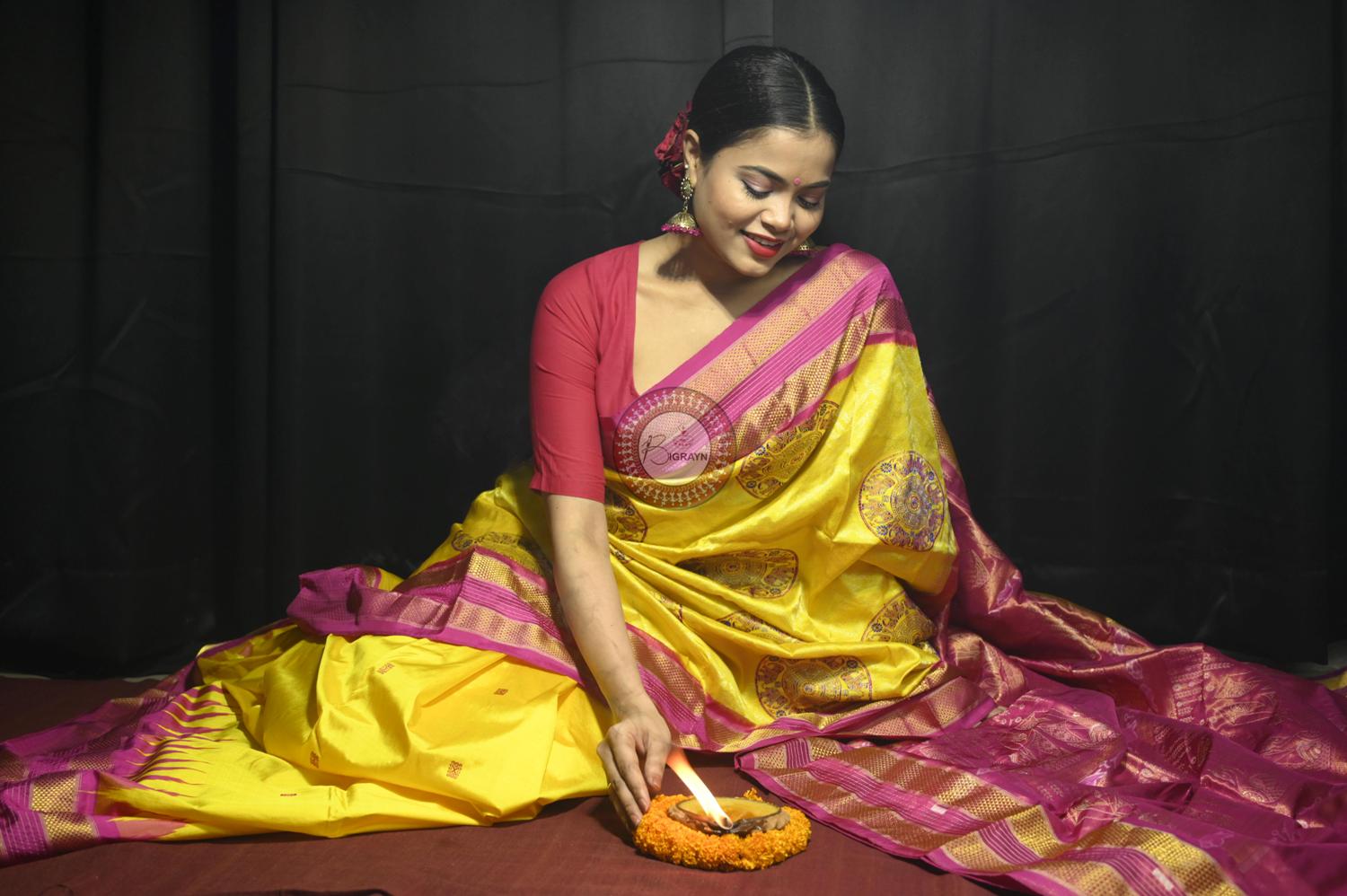 "Odisha Handloom Tissue Silk Saree with shimmering texture, elegant zari border, and lightweight drape, handcrafted by artisans"