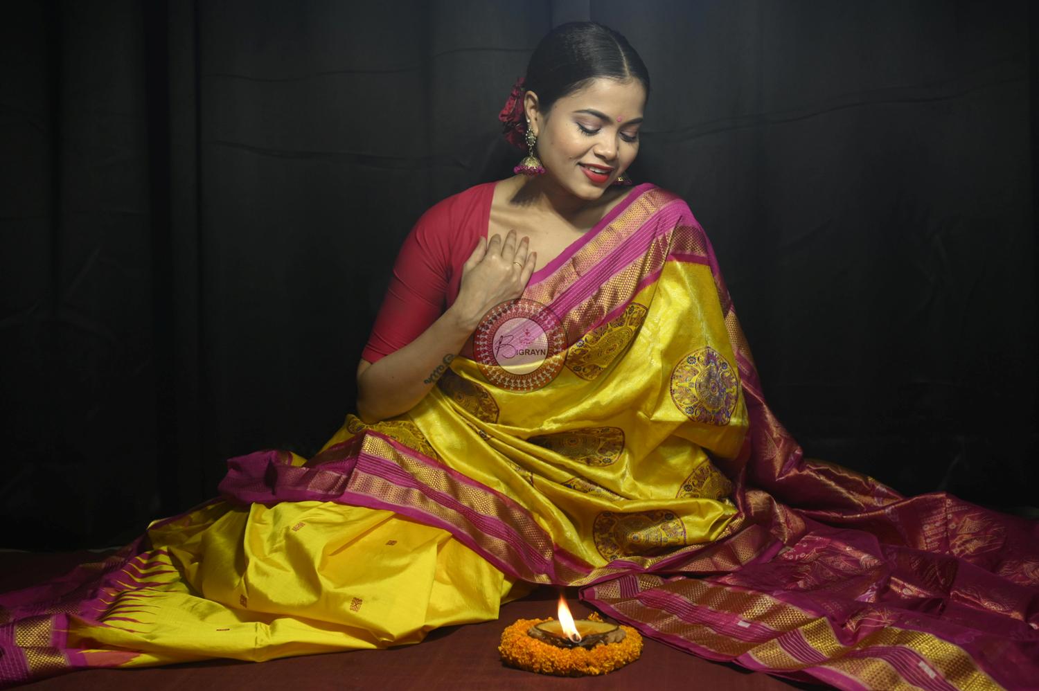 "Odisha Handloom Tissue Silk Saree with shimmering texture, elegant zari border, and lightweight drape, handcrafted by artisans"
