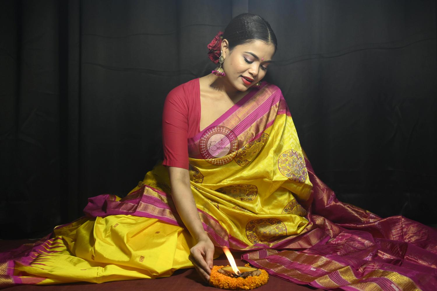 "Odisha Handloom Tissue Silk Saree with shimmering texture, elegant zari border, and lightweight drape, handcrafted by artisans"